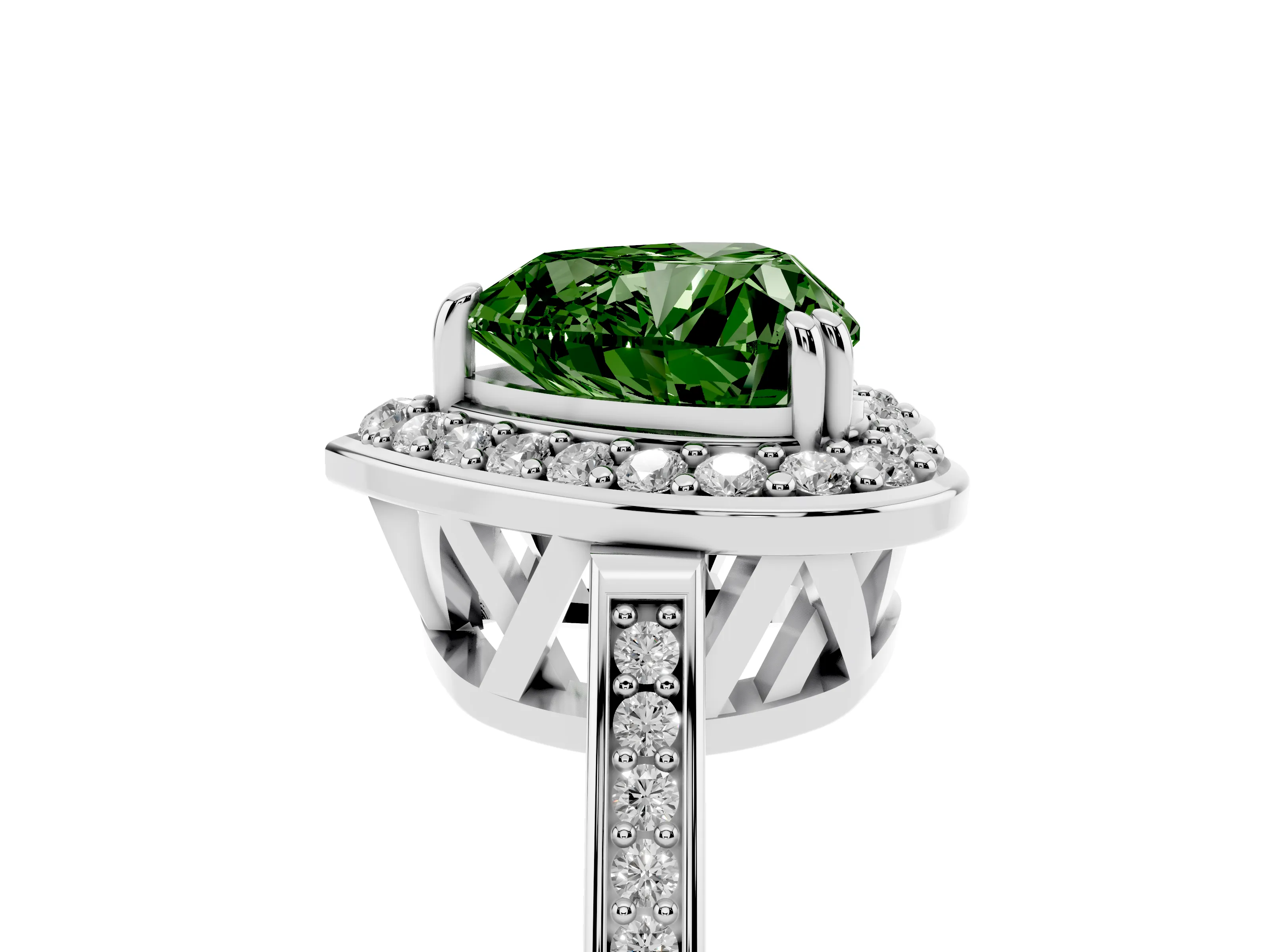 Fancy Green Heart Cut Diamond Halo Ring Set in White gold with Accent-Lined Split Shank and Prong Setting
