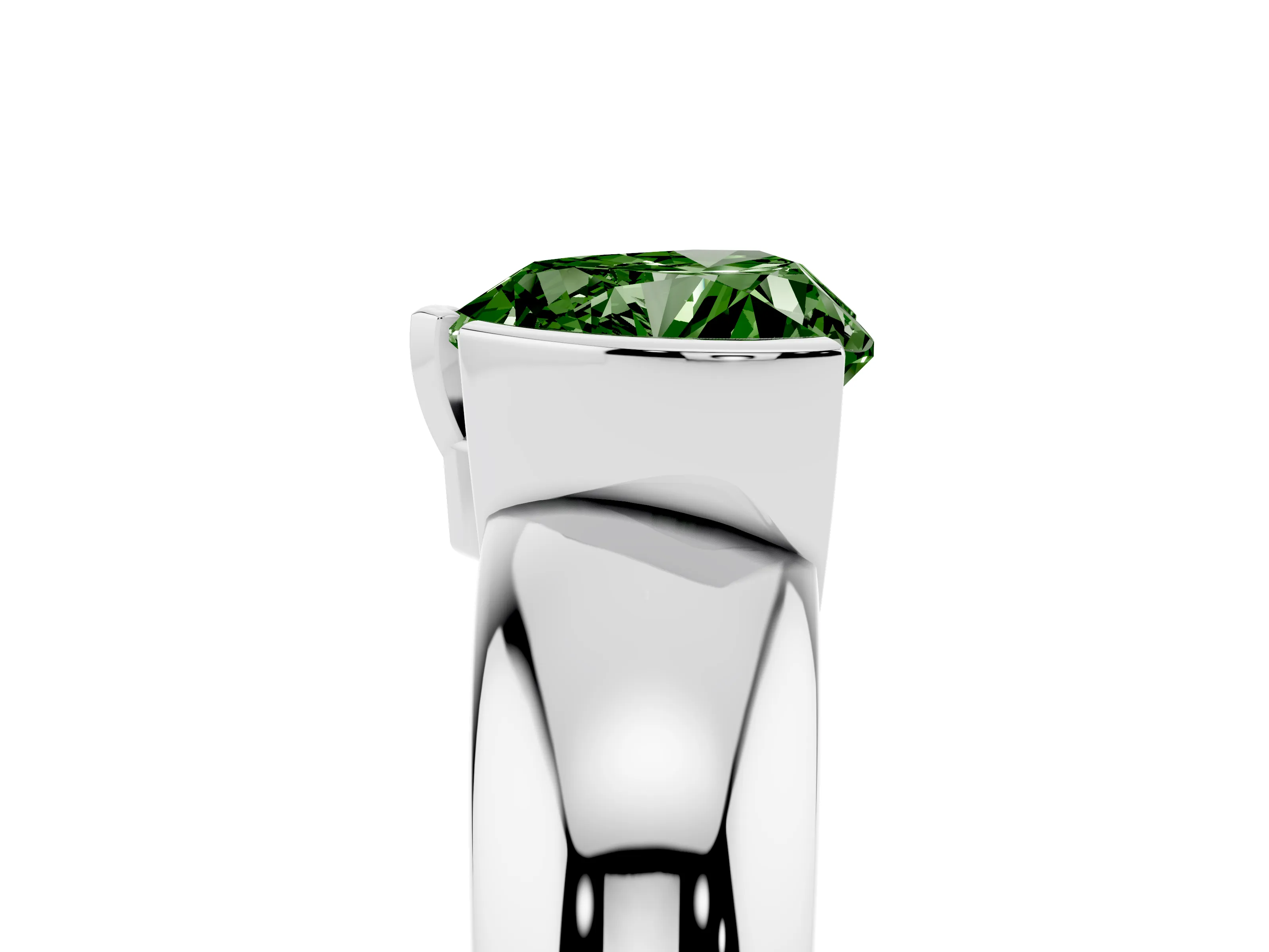 Fancy Green Heart Cut Diamond Solitaire Tension Set Ring Set in White gold with Wide Band