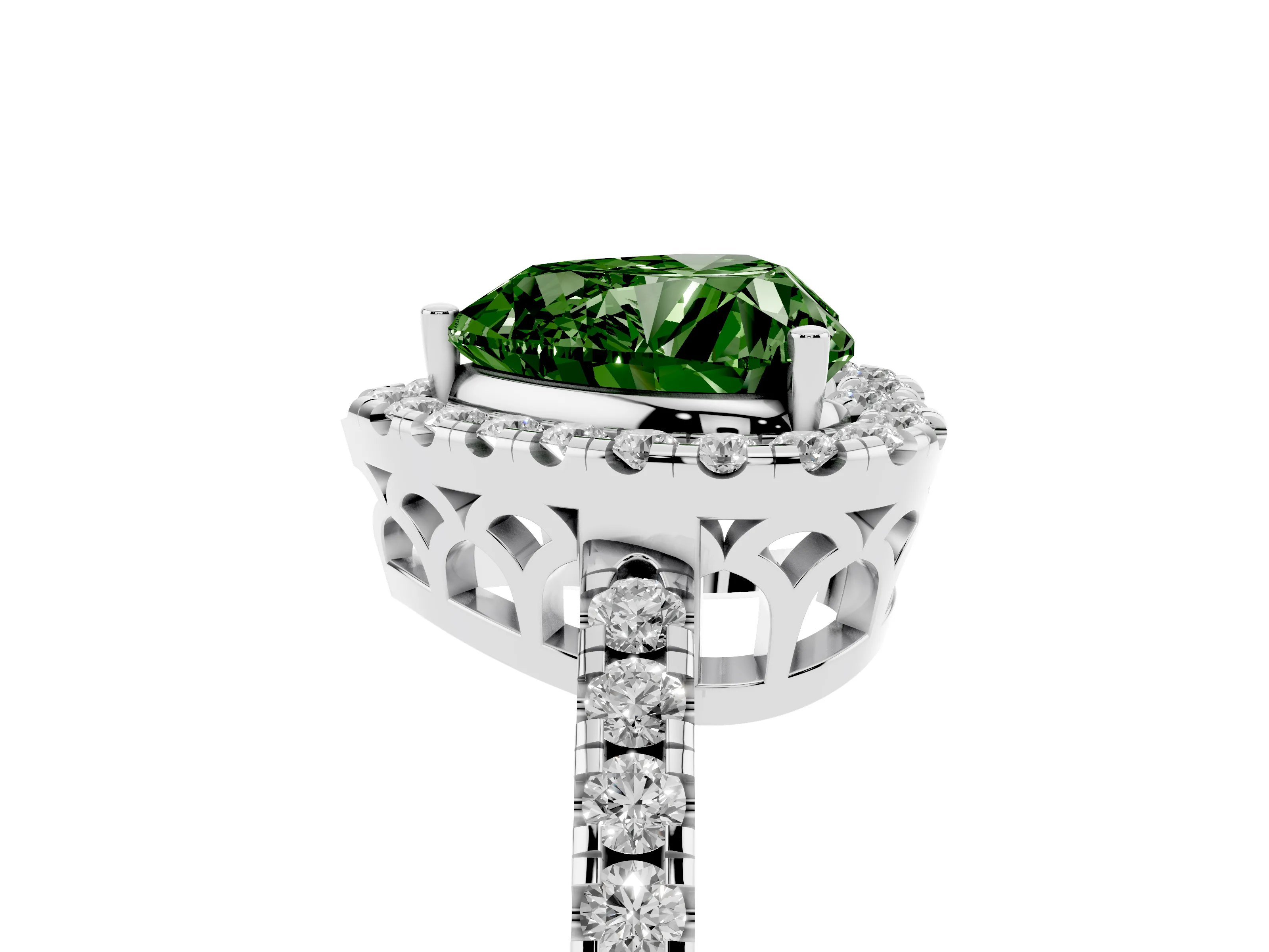 Fancy Green Heart Cut Diamond Pavé Band Halo Engagement Ring Set in White gold with Prong Setting