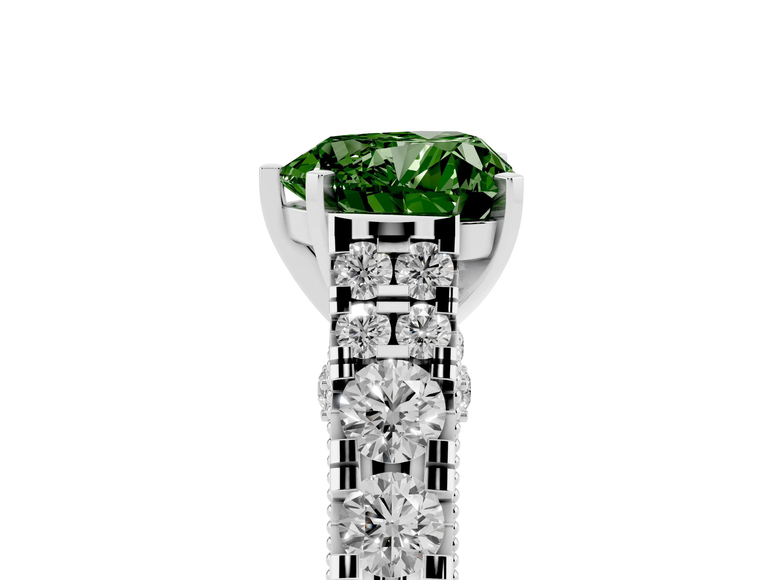 Fancy Green Heart Cut Diamond Classic Solitaire Ring Set in Silver with Pavé Band and Prong Setting