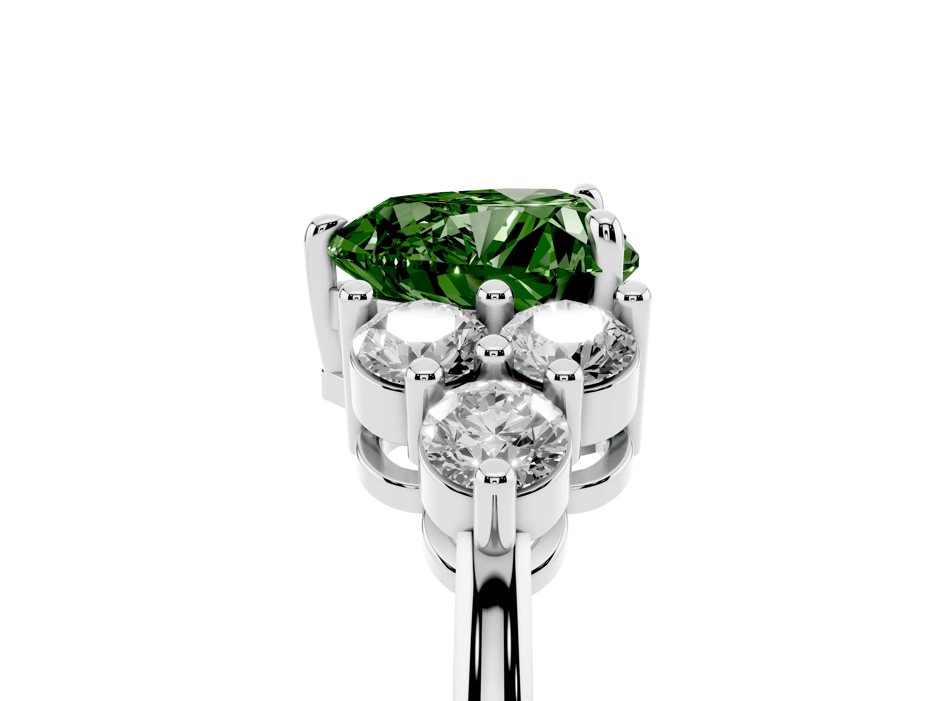 Fancy Green Heart Cut Diamond Solitaire Ring Set in Silver with Cluster Accents on Each Side