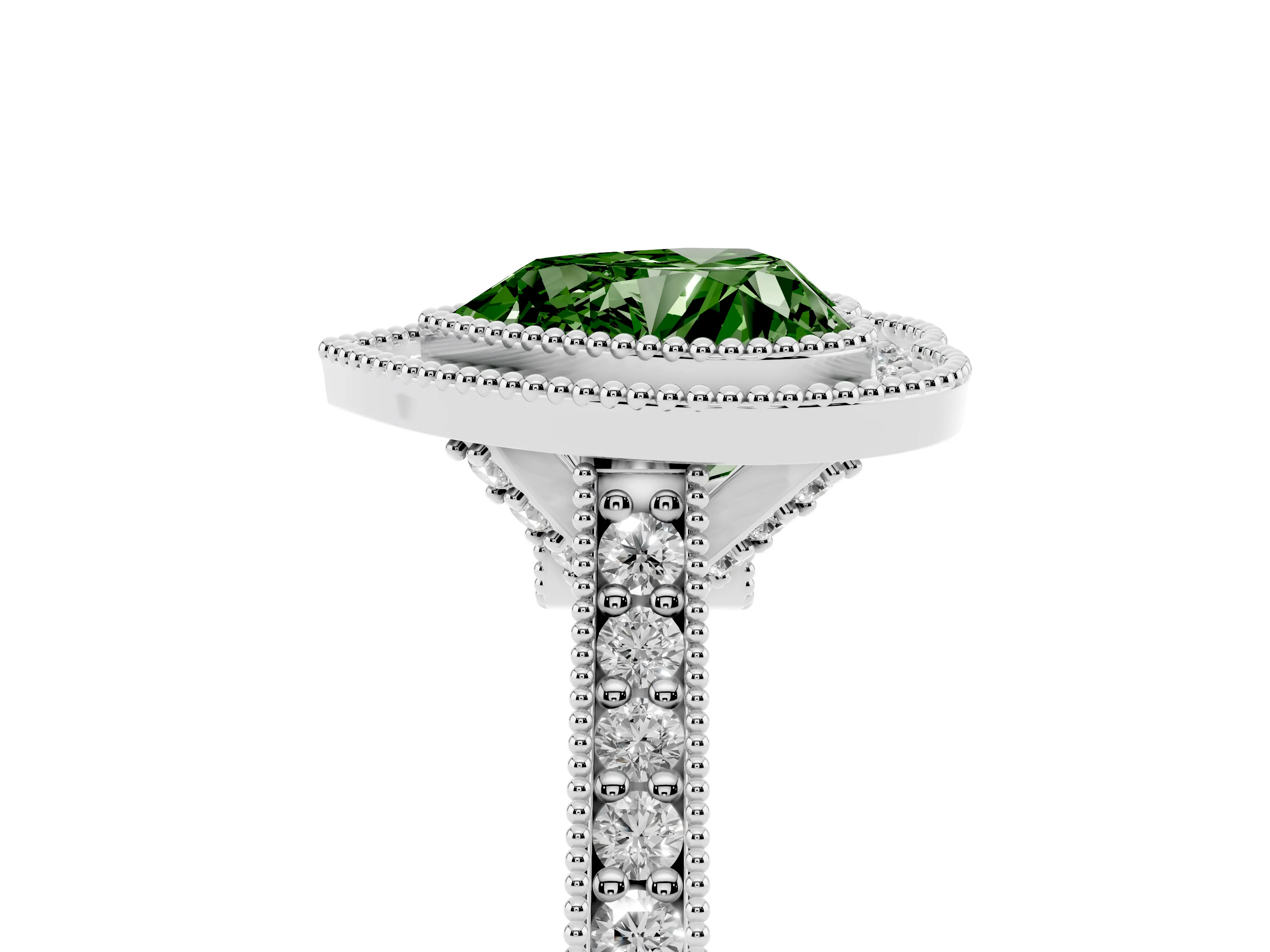 Fancy Green Heart Cut Diamond Halo Milgrain Pavé Band Ring Set in Platinum with Prong Setting
