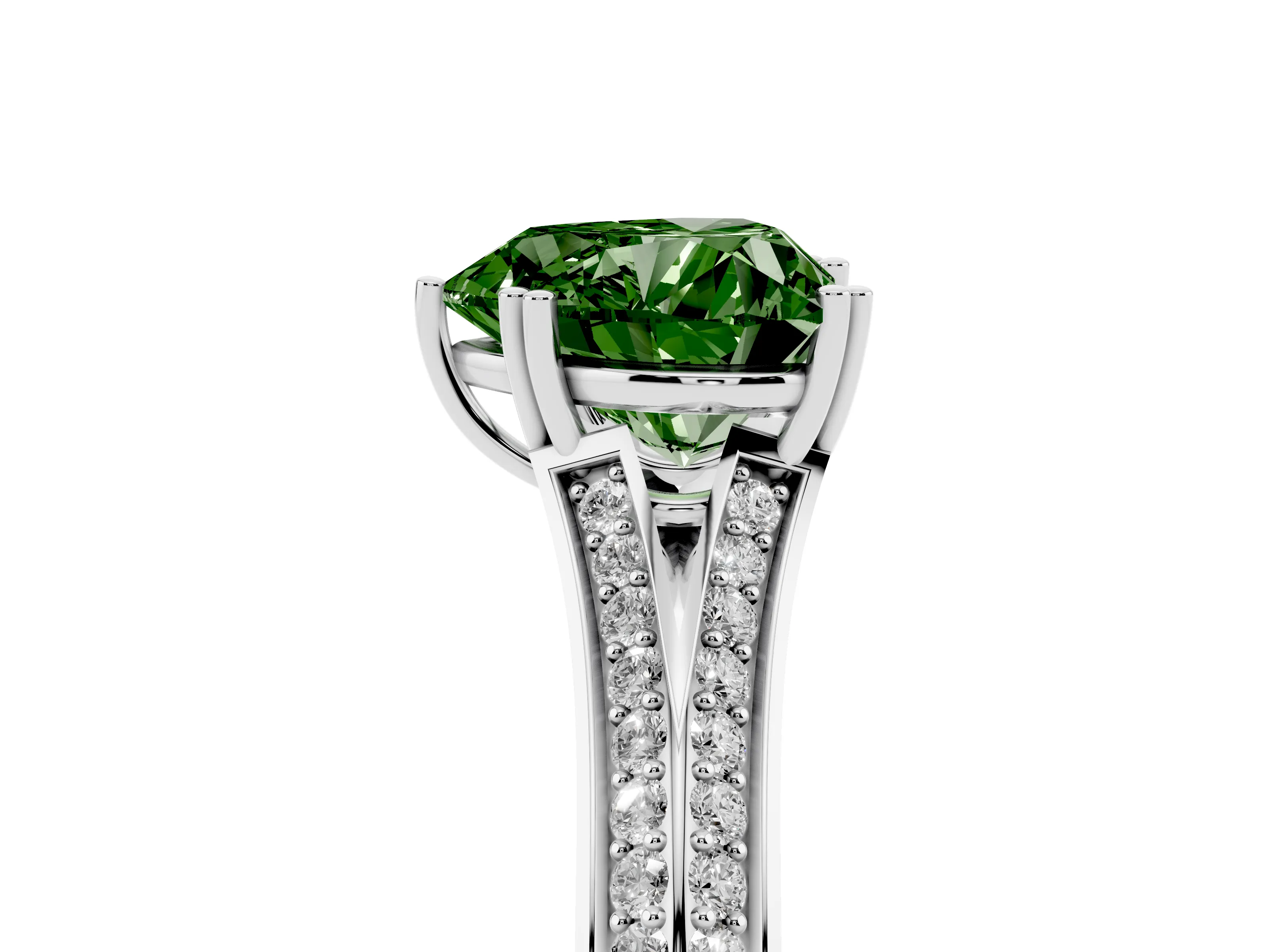 Fancy Green Heart Cut Diamond Split Shank Pavé Engagement Ring Set in White gold with Prong-Set Center Stone