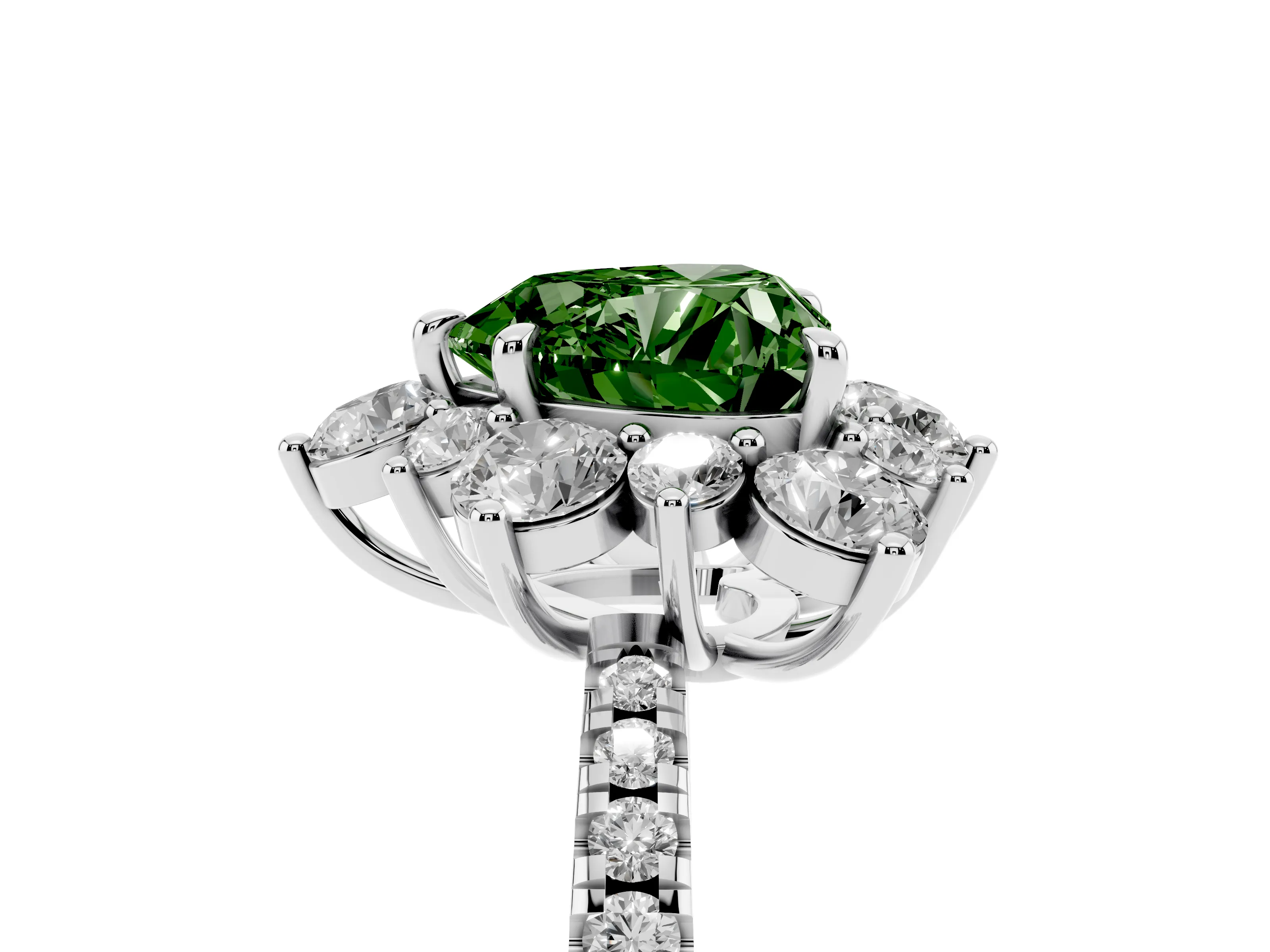 Fancy Green Heart Cut Diamond Floral Halo Ring Set in Silver with Round Pavé Band and Prong Setting