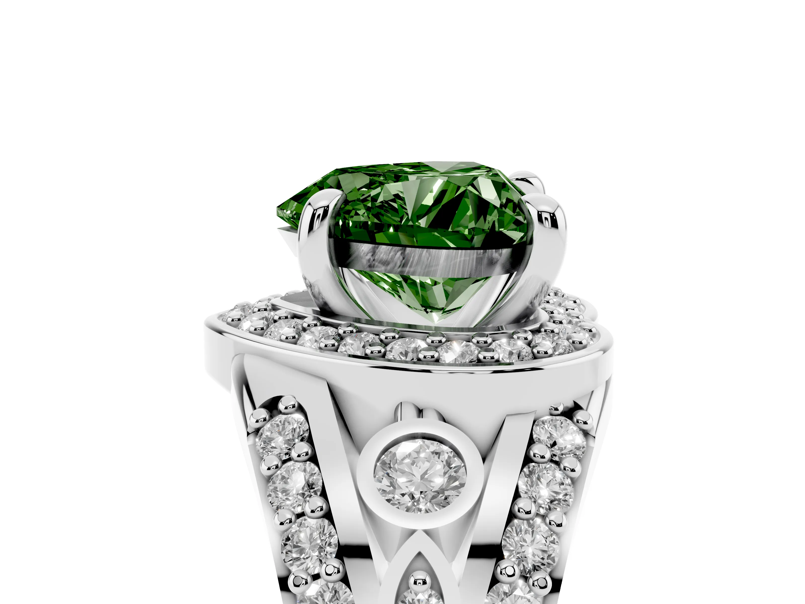 Fancy Green Heart Cut Diamond Halo Ring Set in White gold with Pavé Split Shank and Bezel Accents