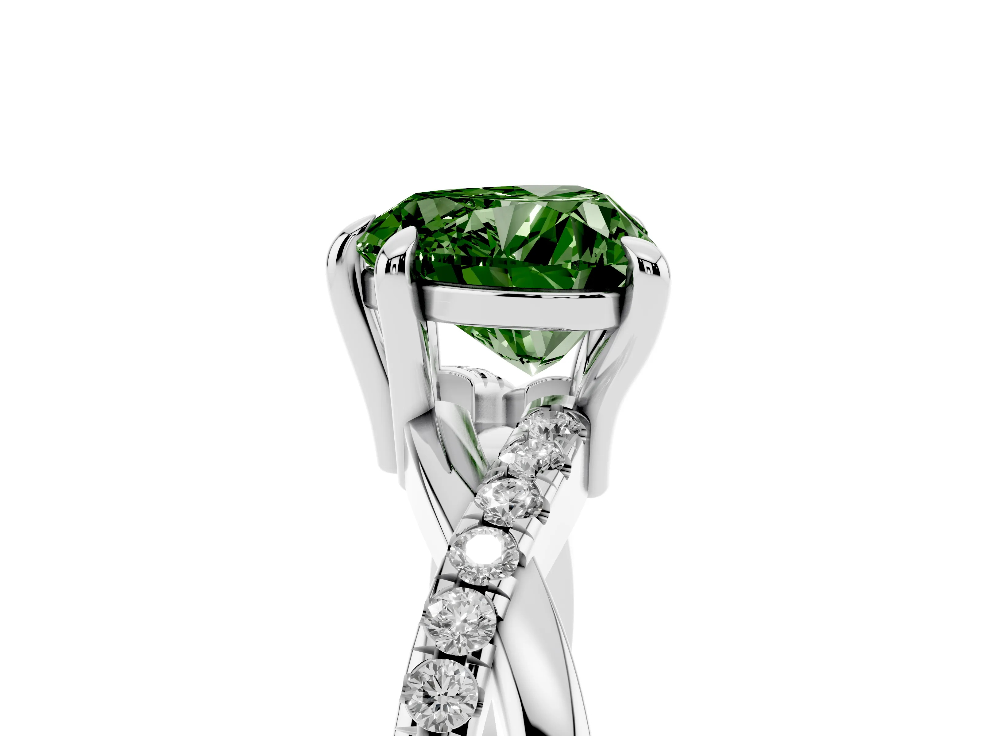 Fancy Green Heart Cut Diamond Twist Band Solitaire Set in White gold with Pavé Accents and Prong Setting