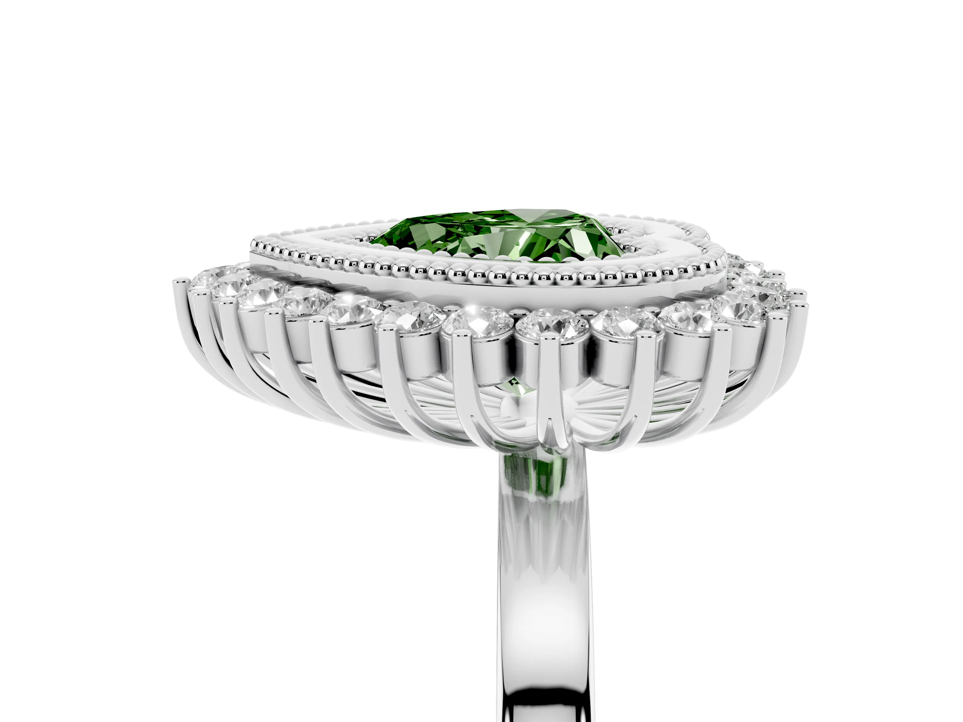 Fancy Green Heart Cut Diamond Halo Ring Set in White gold with Milgrain Edge and Round Prong Setting