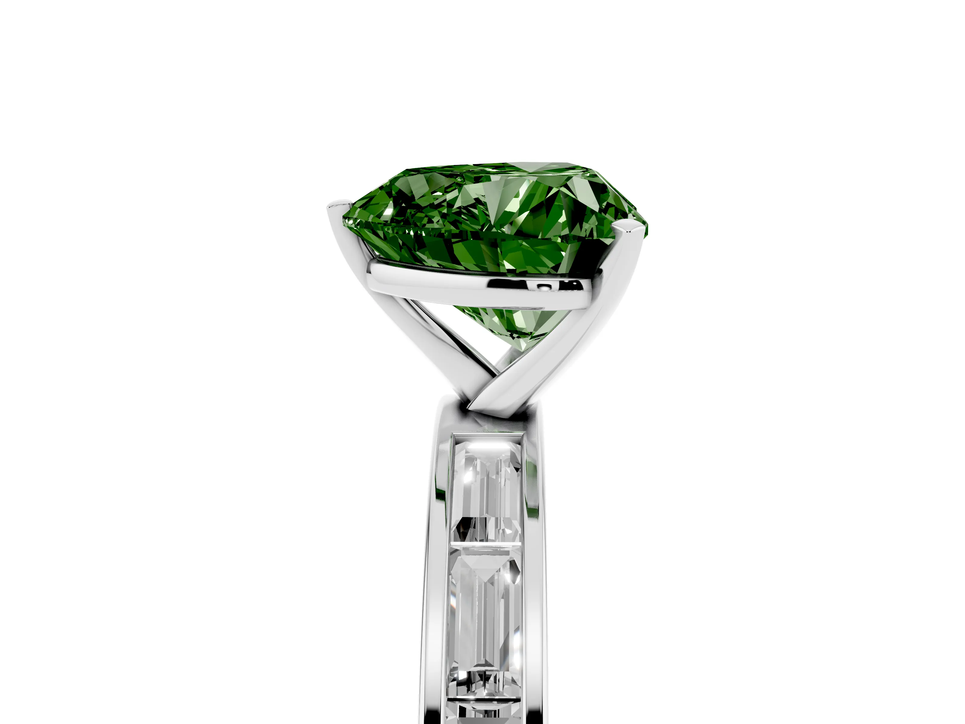Fancy Green Heart Cut Diamond Solitaire Ring Set in Silver with Channel-Set Baguette Band and Prong Setting