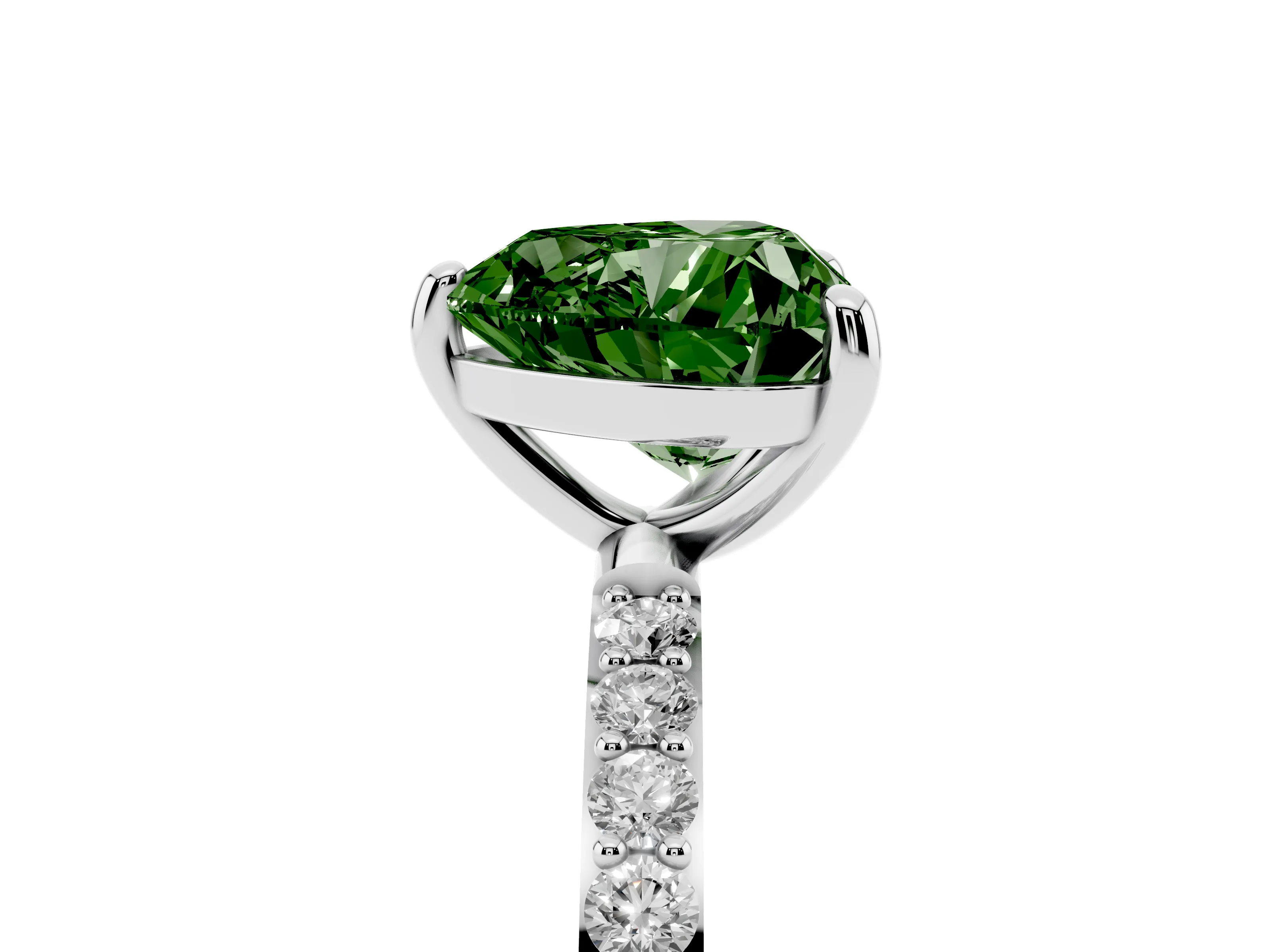 Fancy Green Heart Cut Diamond Solitaire Ring Set in Silver with Round Pavé Band and Prong Setting