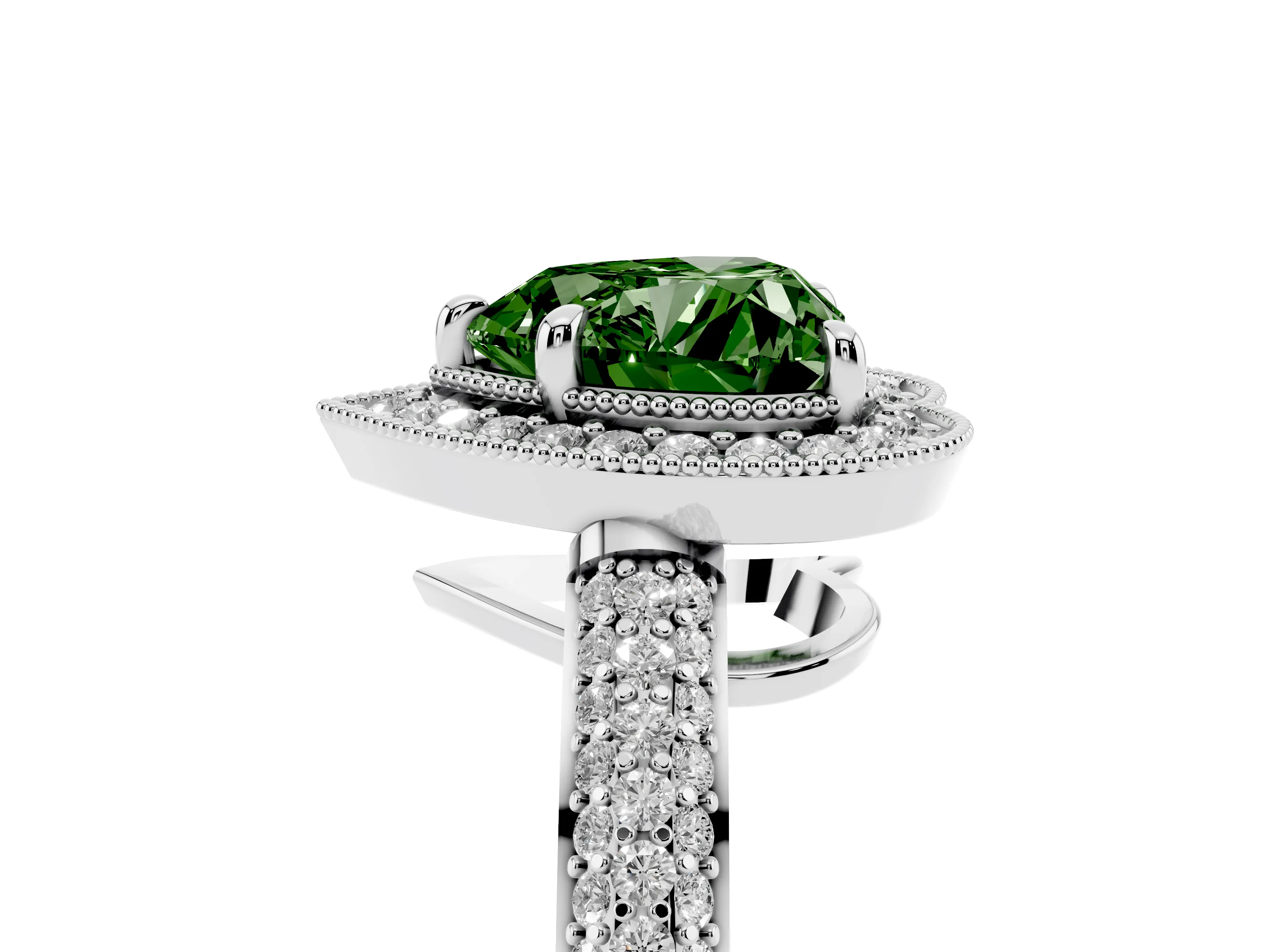 Fancy Green Heart Cut Diamond Halo Pavé Band Set in Platinum with Prong Setting