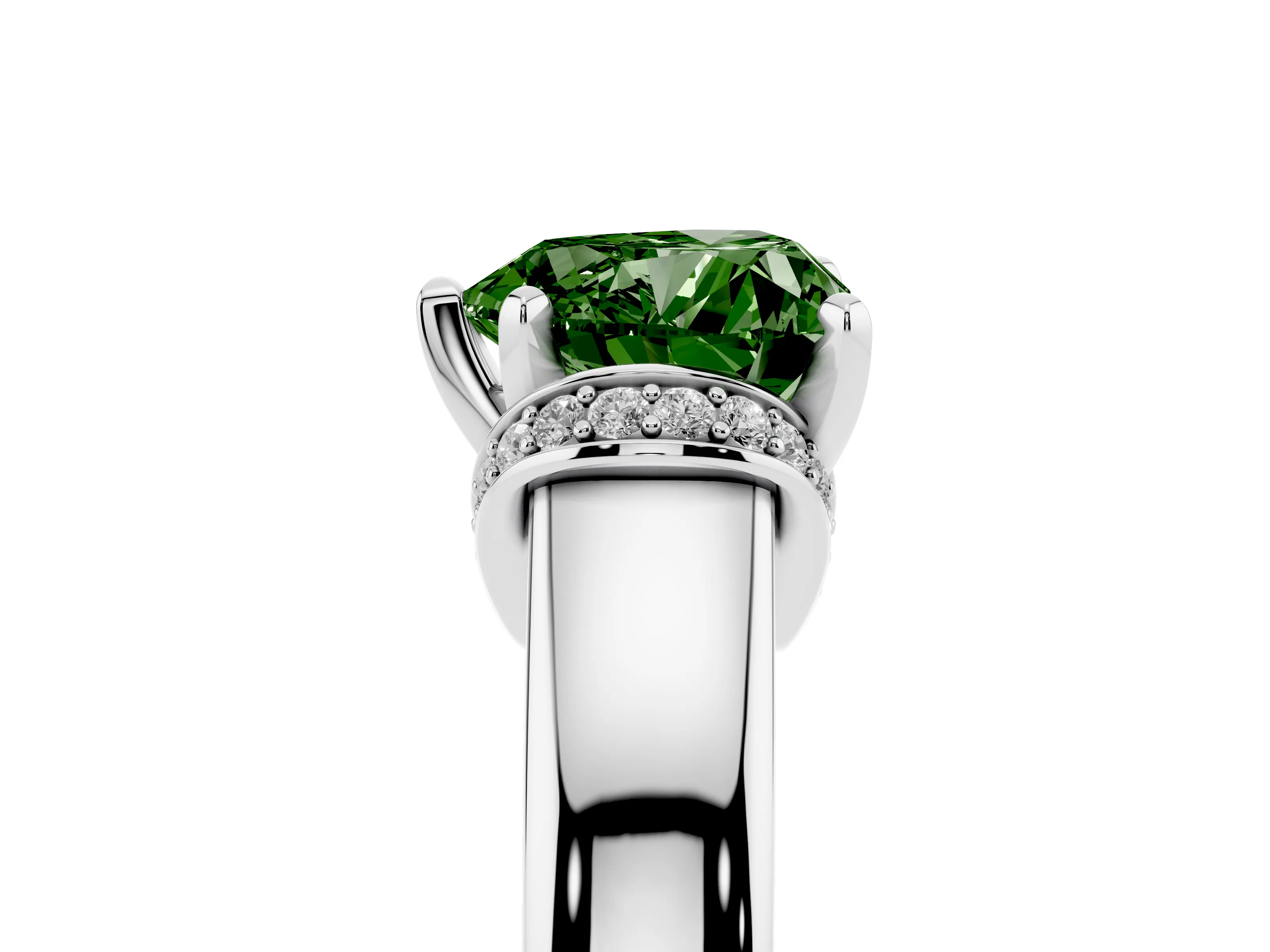 Fancy Green Heart Cut Diamond Pavé Band Solitaire Ring Set in Platinum with Prong Setting