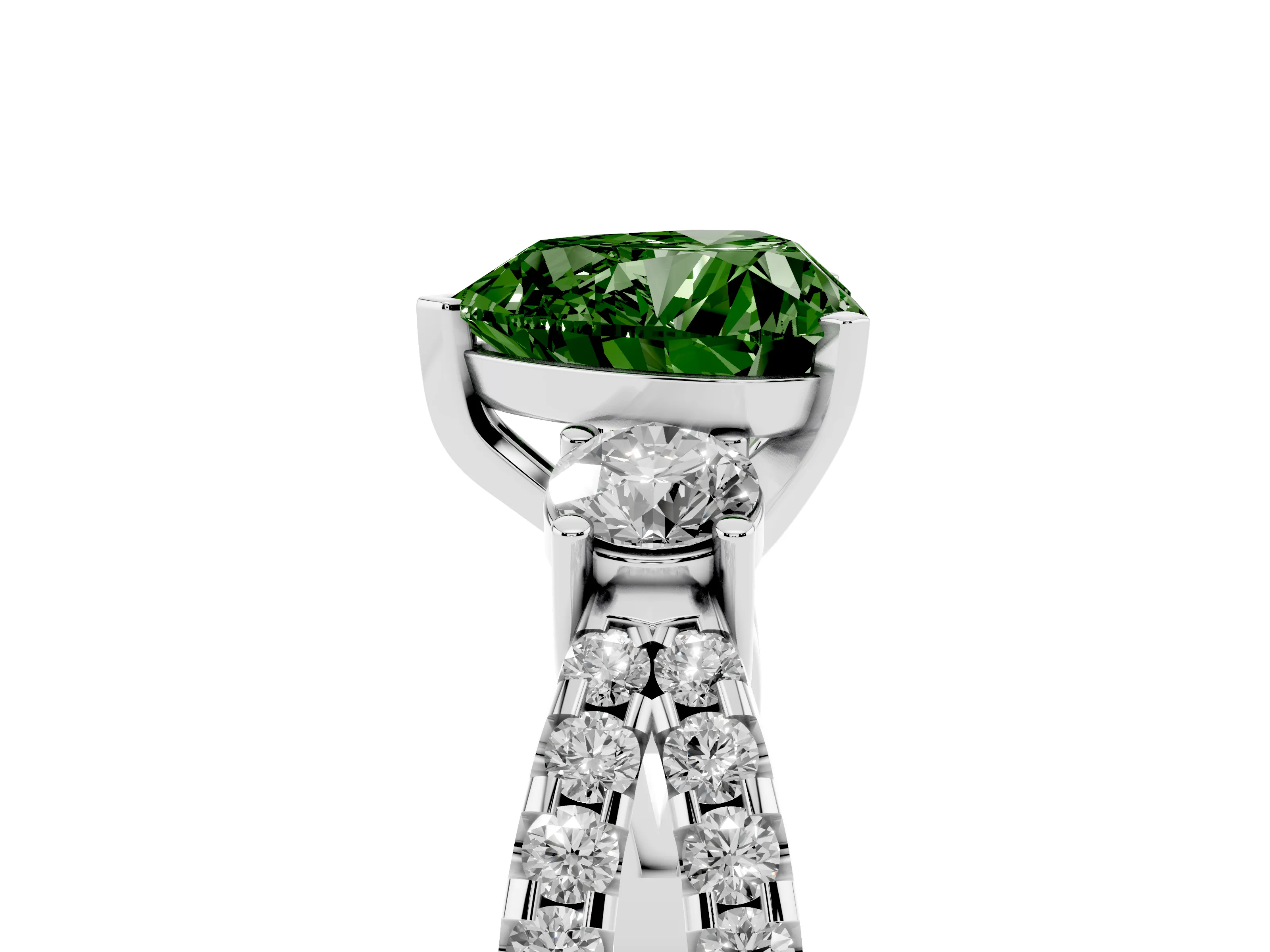 Fancy Green Heart Cut Diamond Three-Stone Ring Set in Platinum with Pavé Split Shank and Prong Setting
