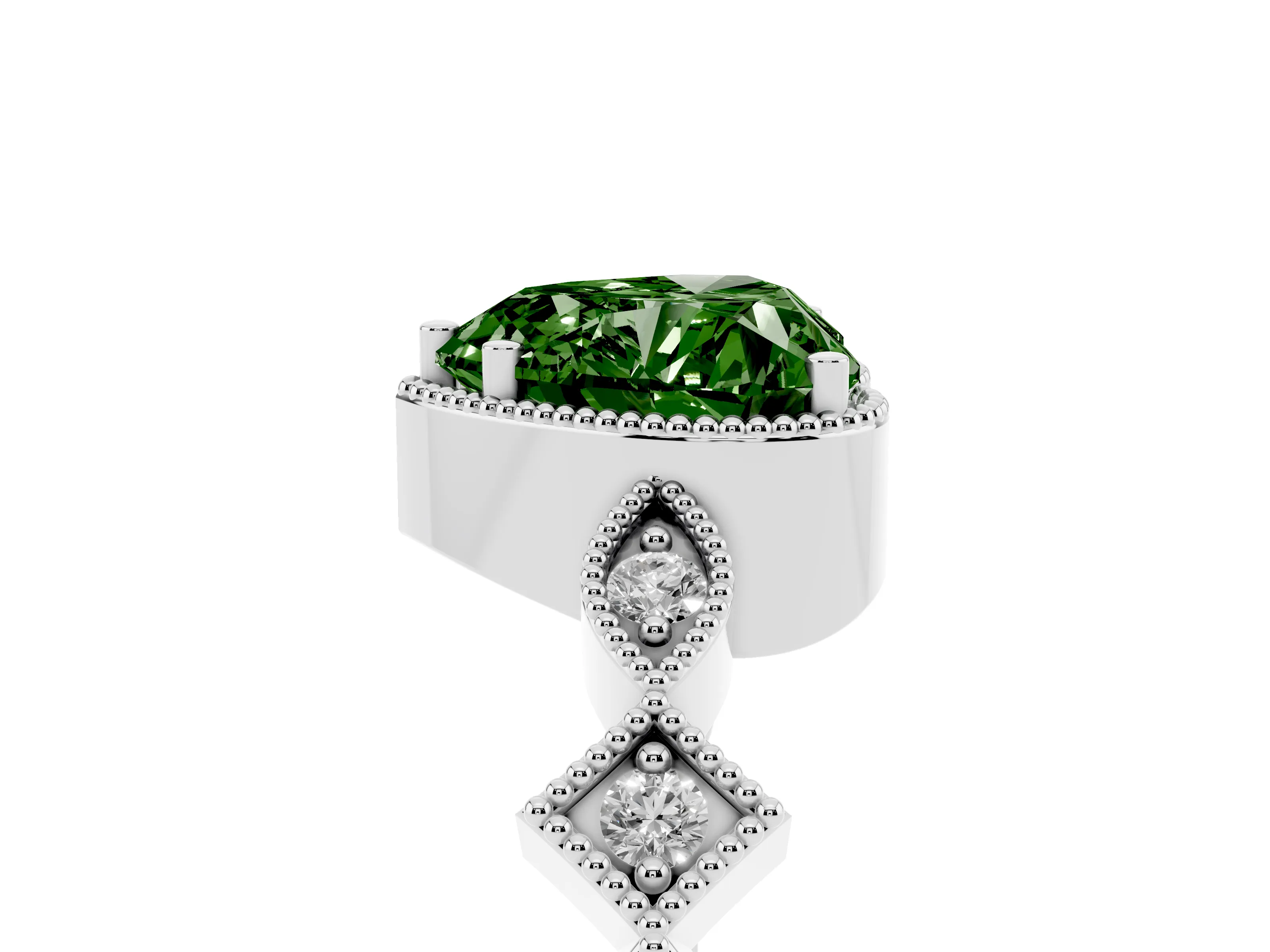 Fancy Green Heart Cut Diamond Milgrain Marquise Twist Band Ring Set in Silver with Prong Setting