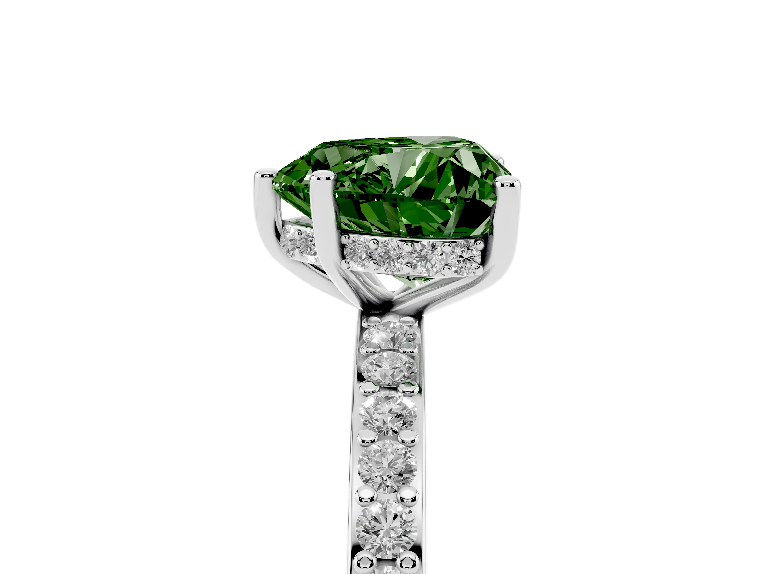Fancy Green Heart Cut Diamond Pavé Band Ring Set in Silver with Prong-Set Center Stone