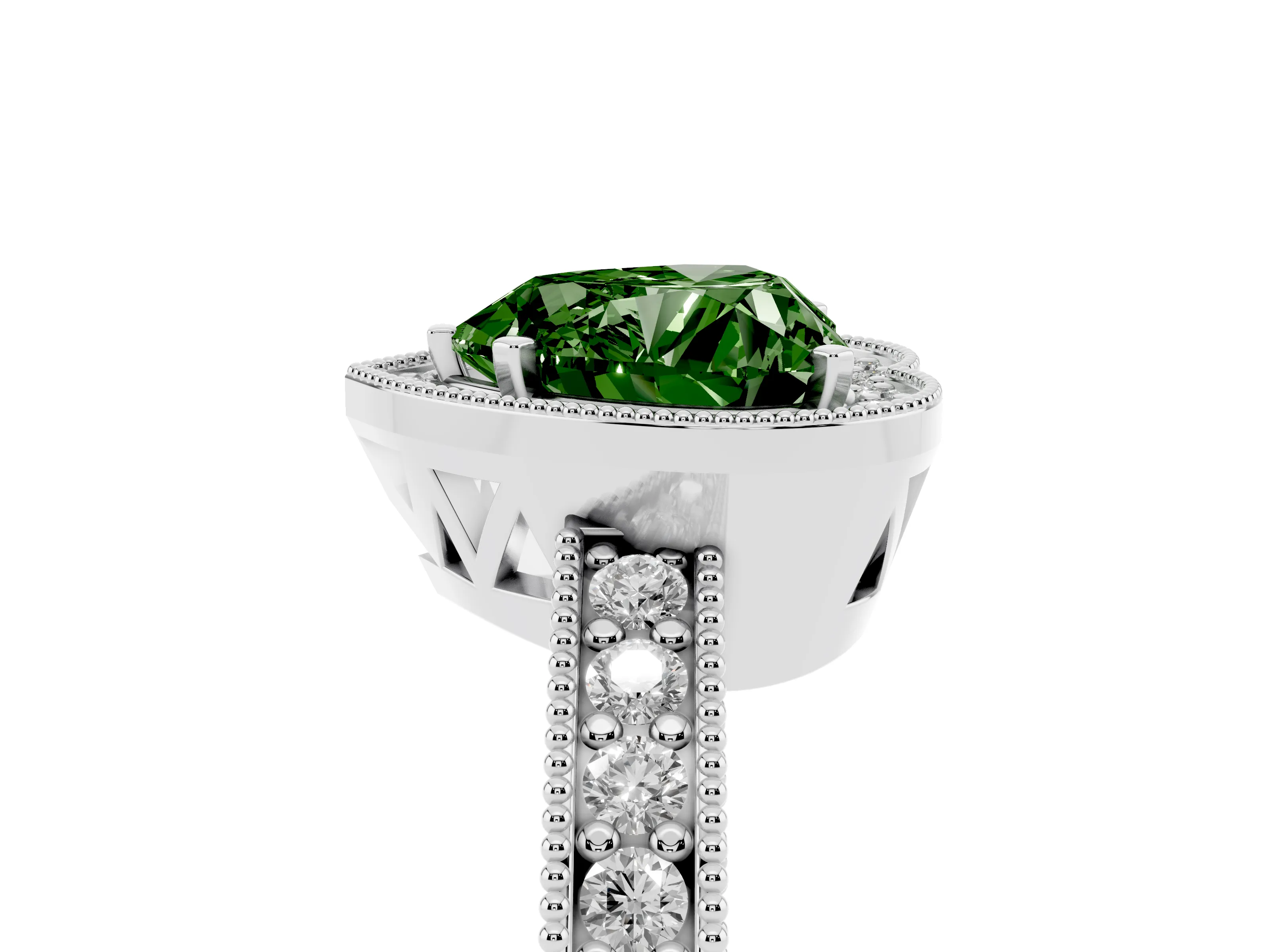 Fancy Green Heart Cut Diamond Halo Pavé Band Ring Set in Silver with Prong-Set Center