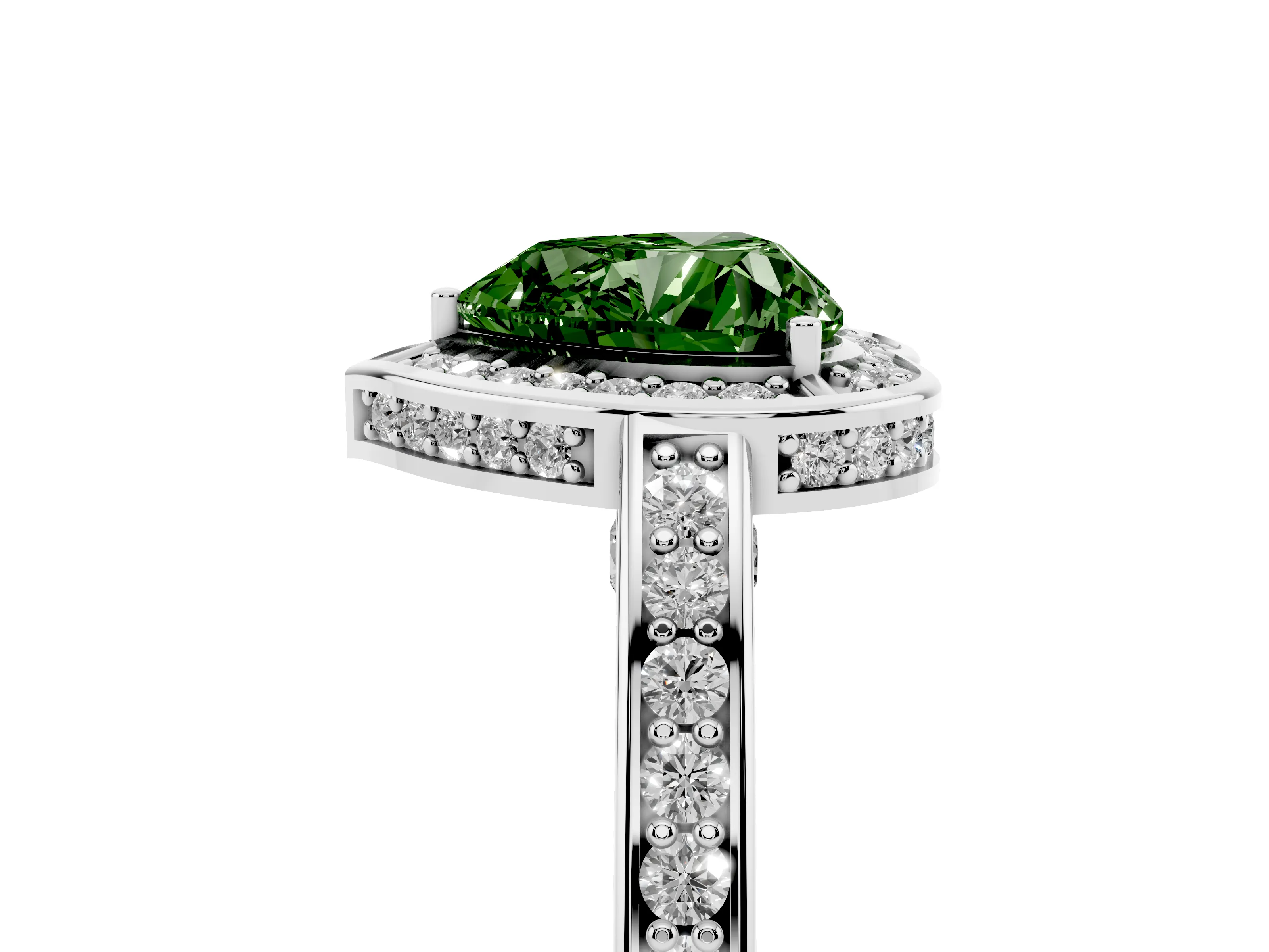 Fancy Green Heart Cut Diamond Halo Pavé Split Shank Ring Set in Platinum with Prong Setting