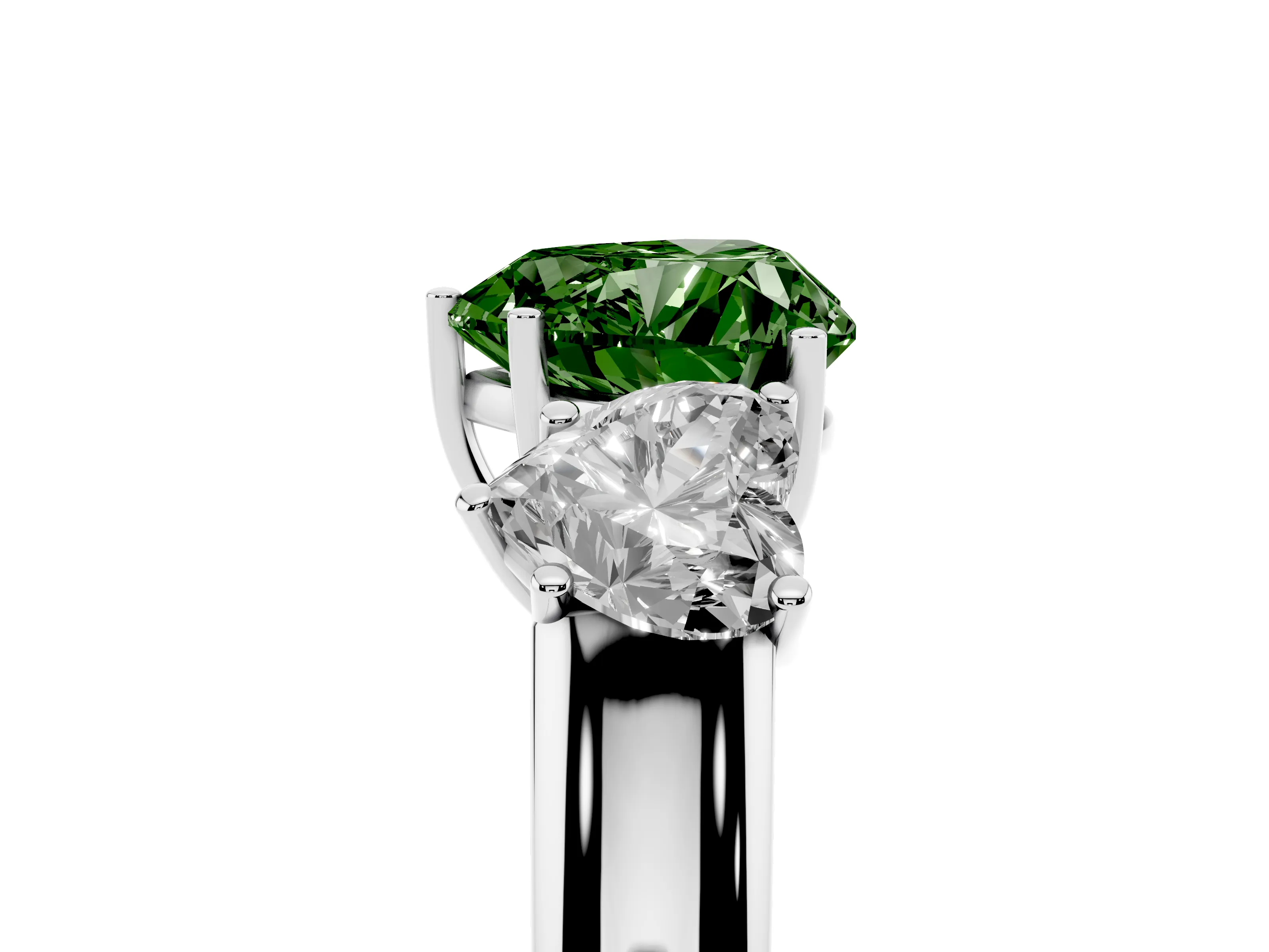 Fancy Green Three-Stone Heart Cut Diamond Ring Set in Platinum with Matching Prong Settings and Plain Band