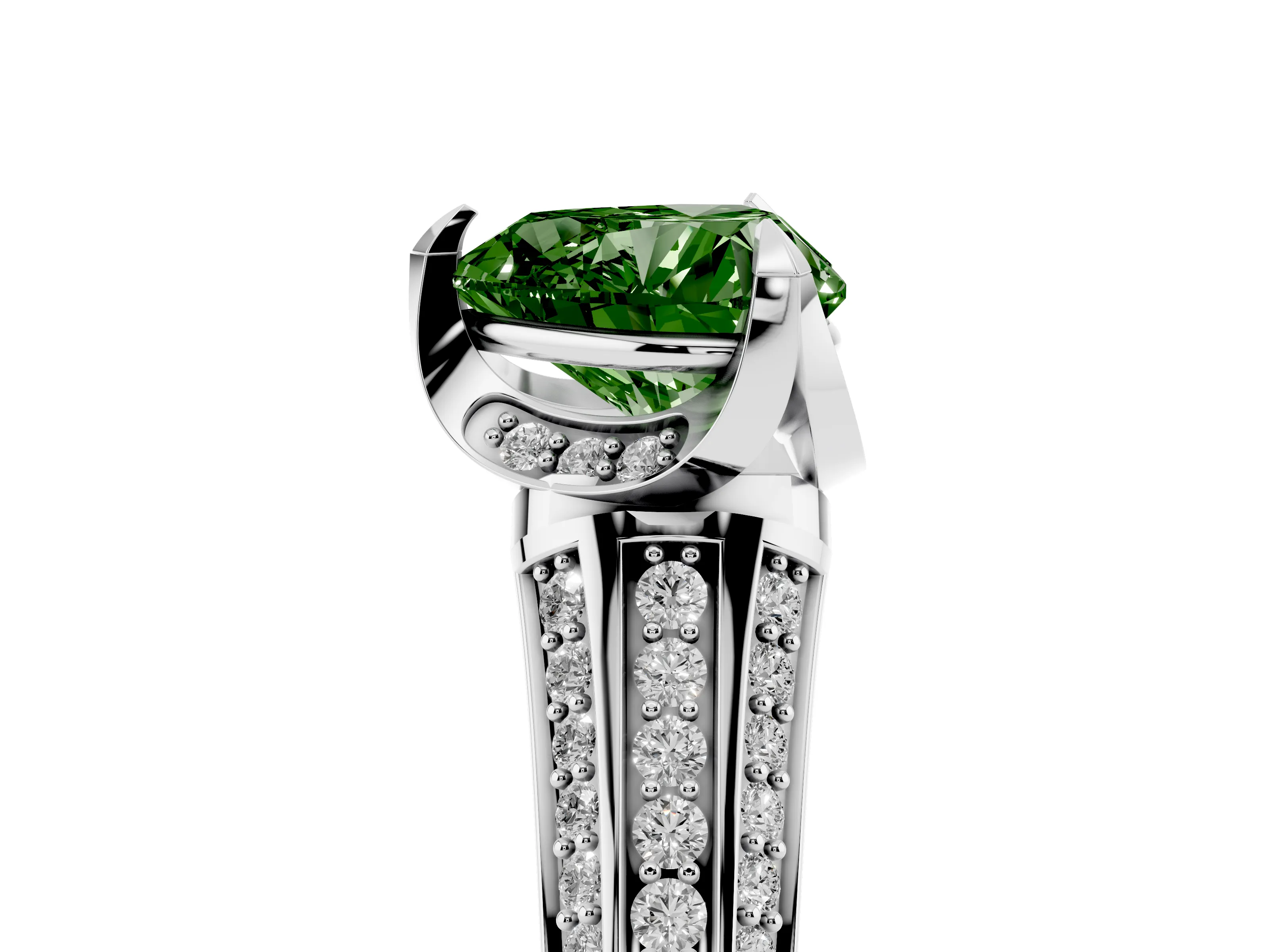 Fancy Green Heart Cut Diamond Pavé Split Shank Solitaire Ring Set in Silver with Prong Setting