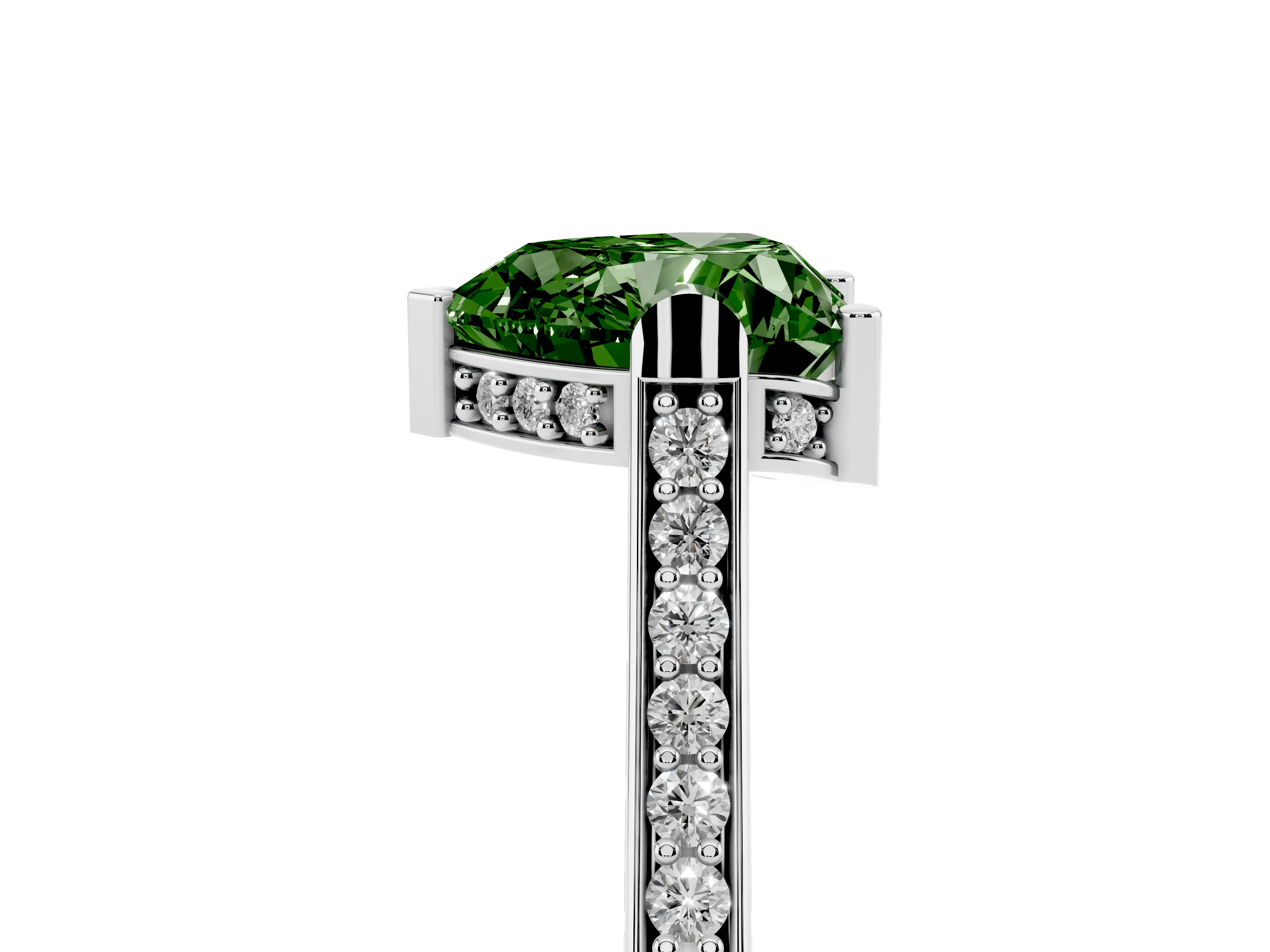 Fancy Green Heart Cut Diamond Solitaire Ring Set in White gold with Channel Set Band and Bezel Prong Setting
