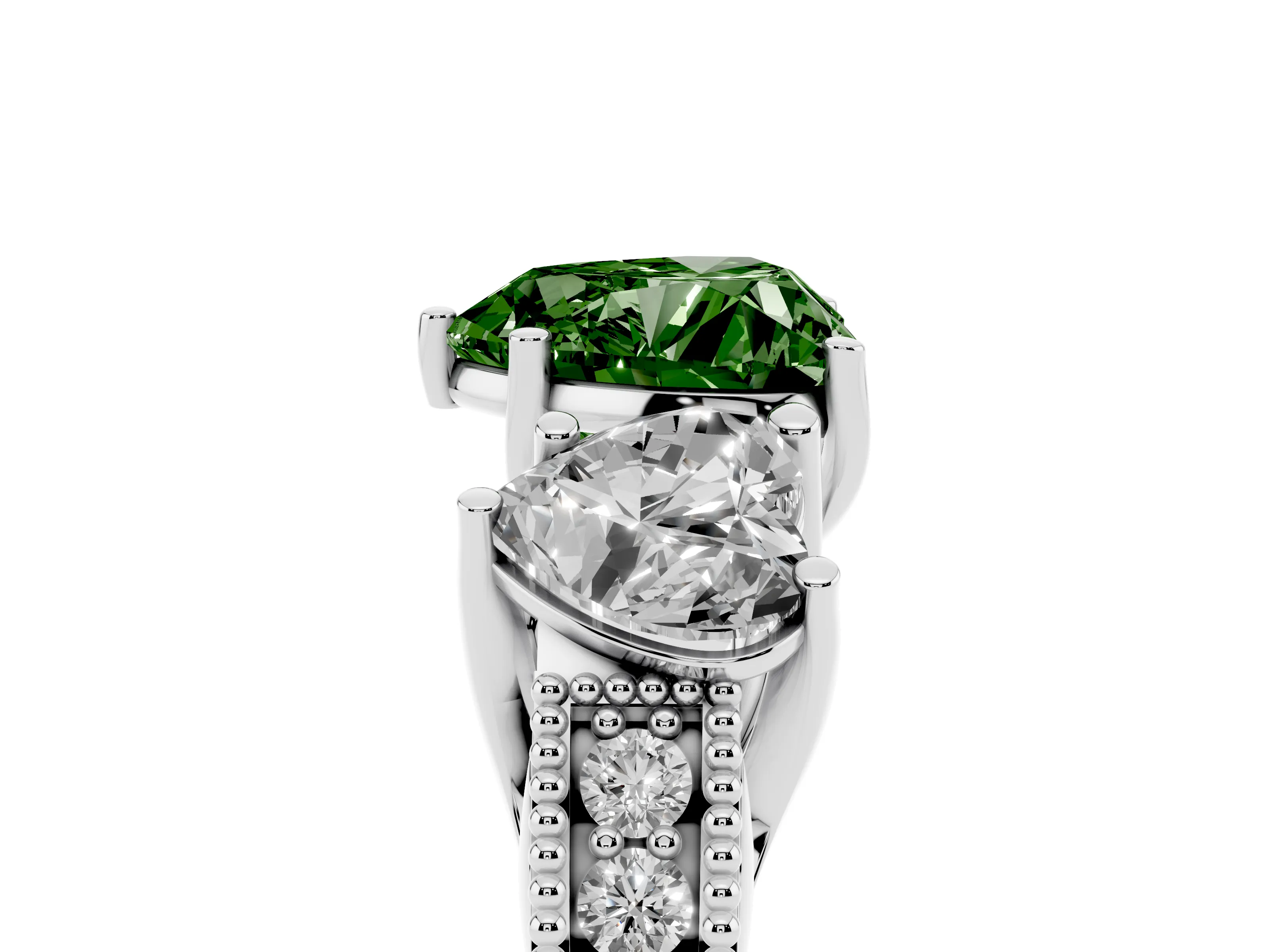 Fancy Green Heart Cut Diamond Three-Stone Engagement Ring Set in Silver with Milgrain Pavé Band