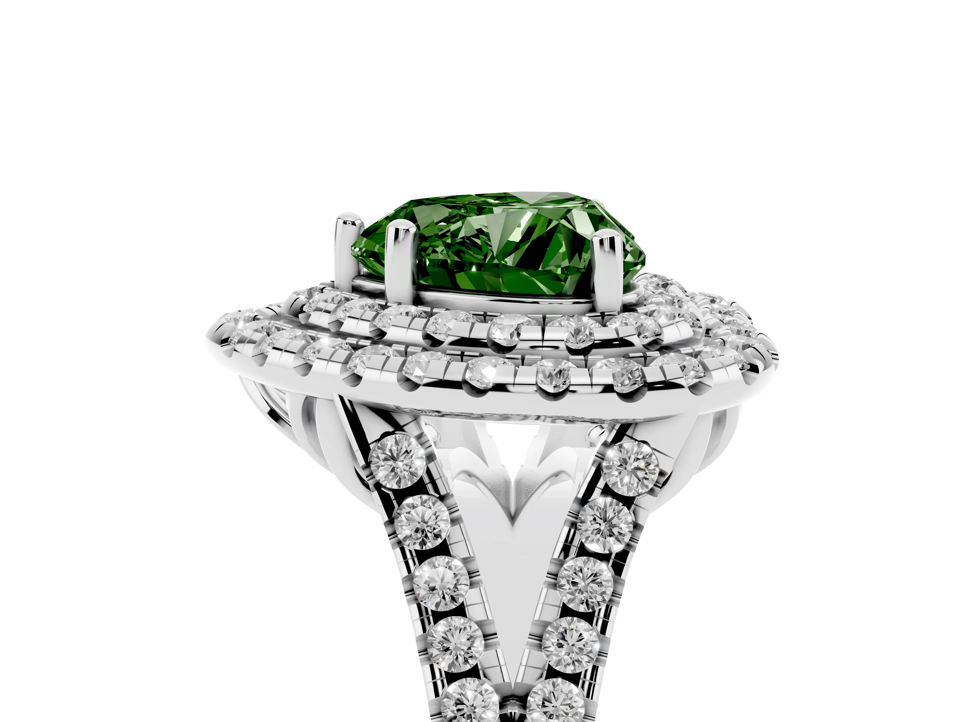 Fancy Green Heart Cut Diamond Double Halo Ring Set in Silver with Pavé Split Shank and Prong Setting