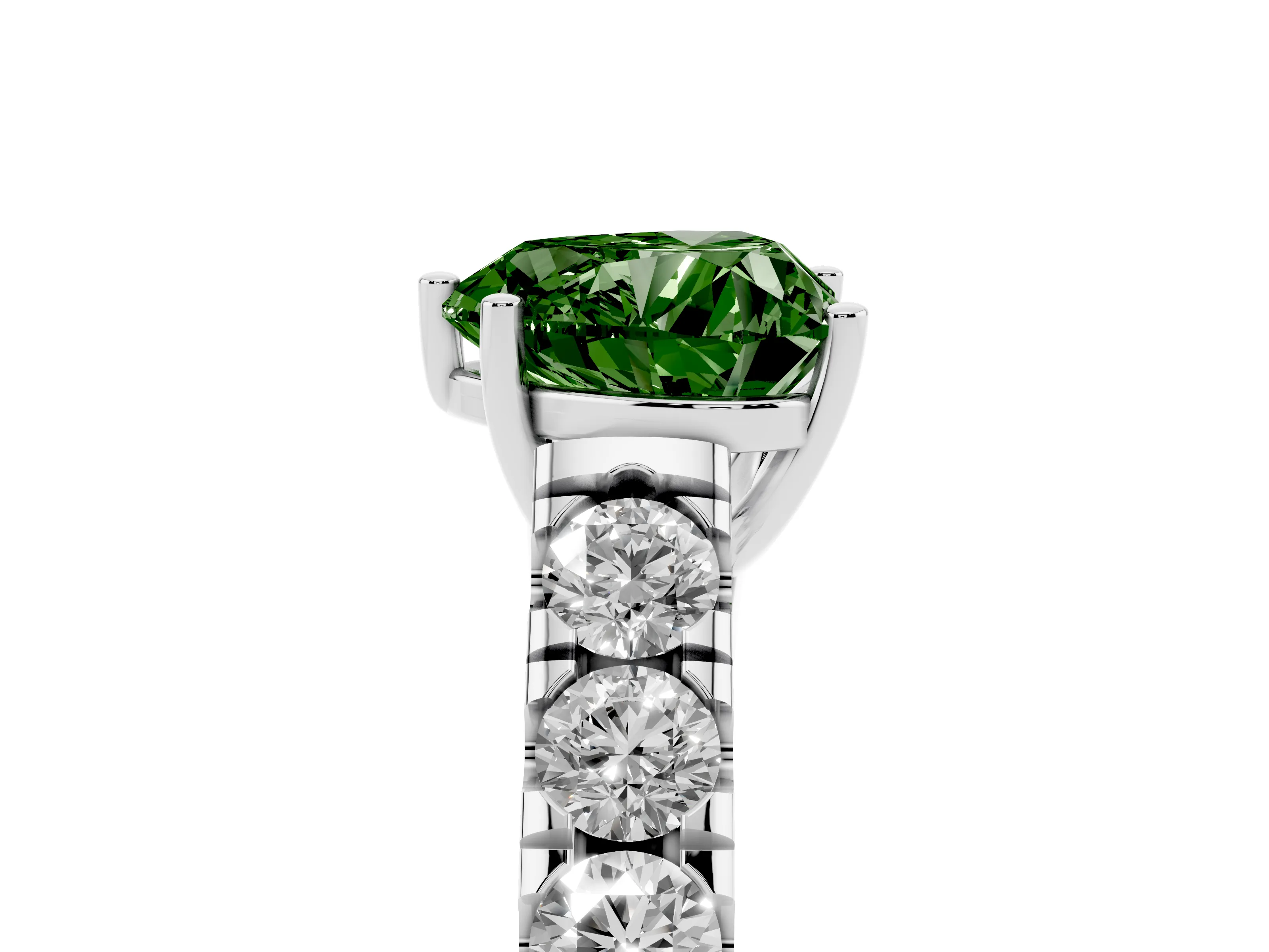 Fancy Green Heart Cut Diamond Solitaire Ring Set in White gold with Cut-Down Micro Pavé Band and Prong Setting
