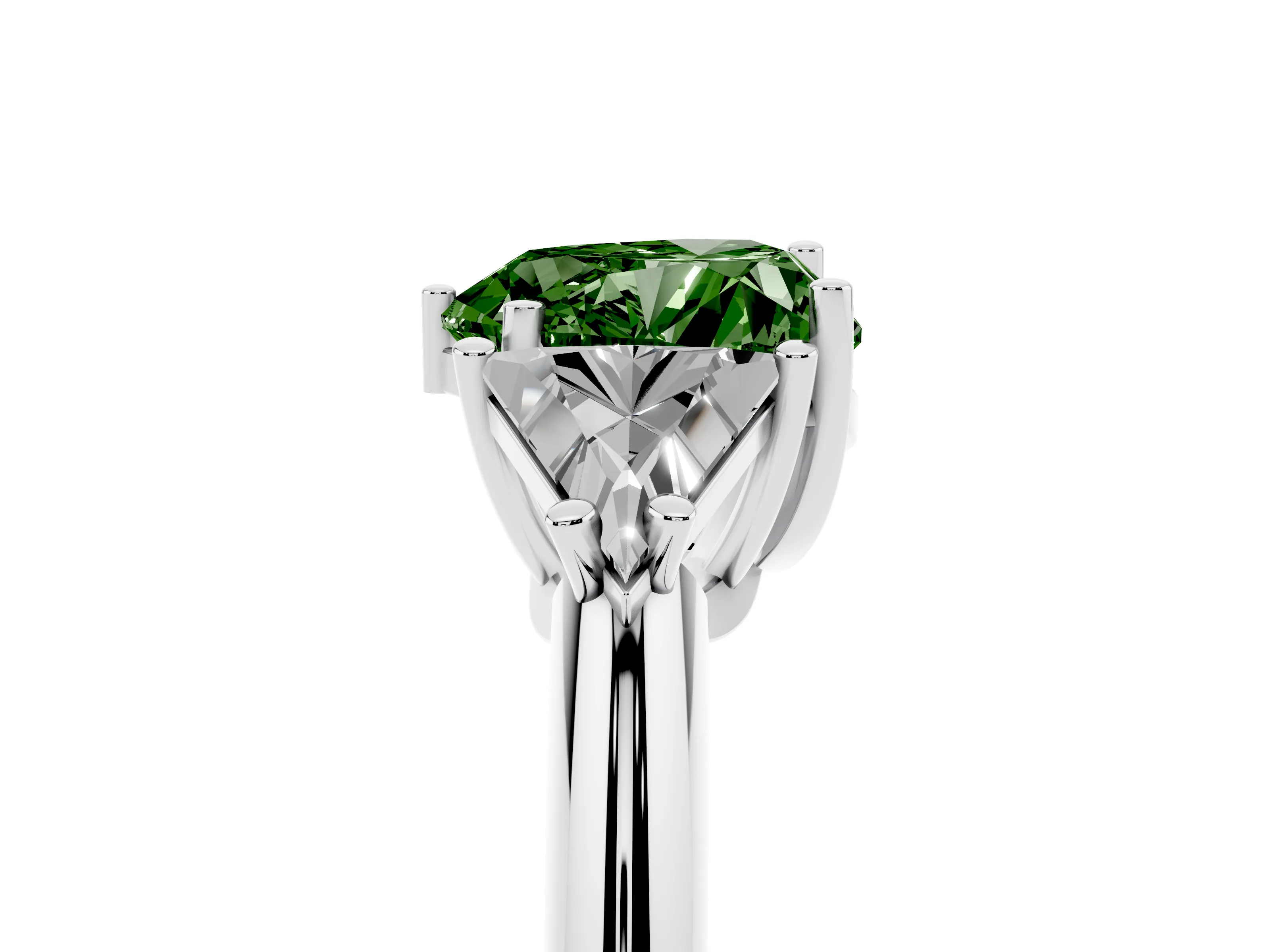 Fancy Green Heart Cut Diamond Three-Stone Engagement Ring Set in Platinum with Trillion Side Stones