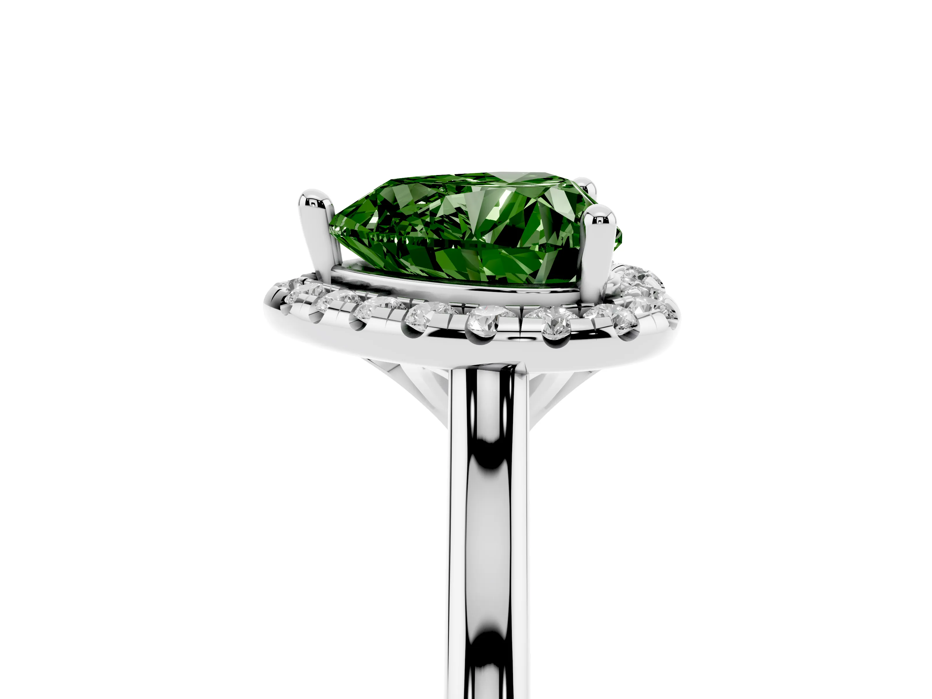 Fancy Green Heart Cut Diamond Halo Engagement Ring Set in White gold with Pavé Band and Rising Shoulders