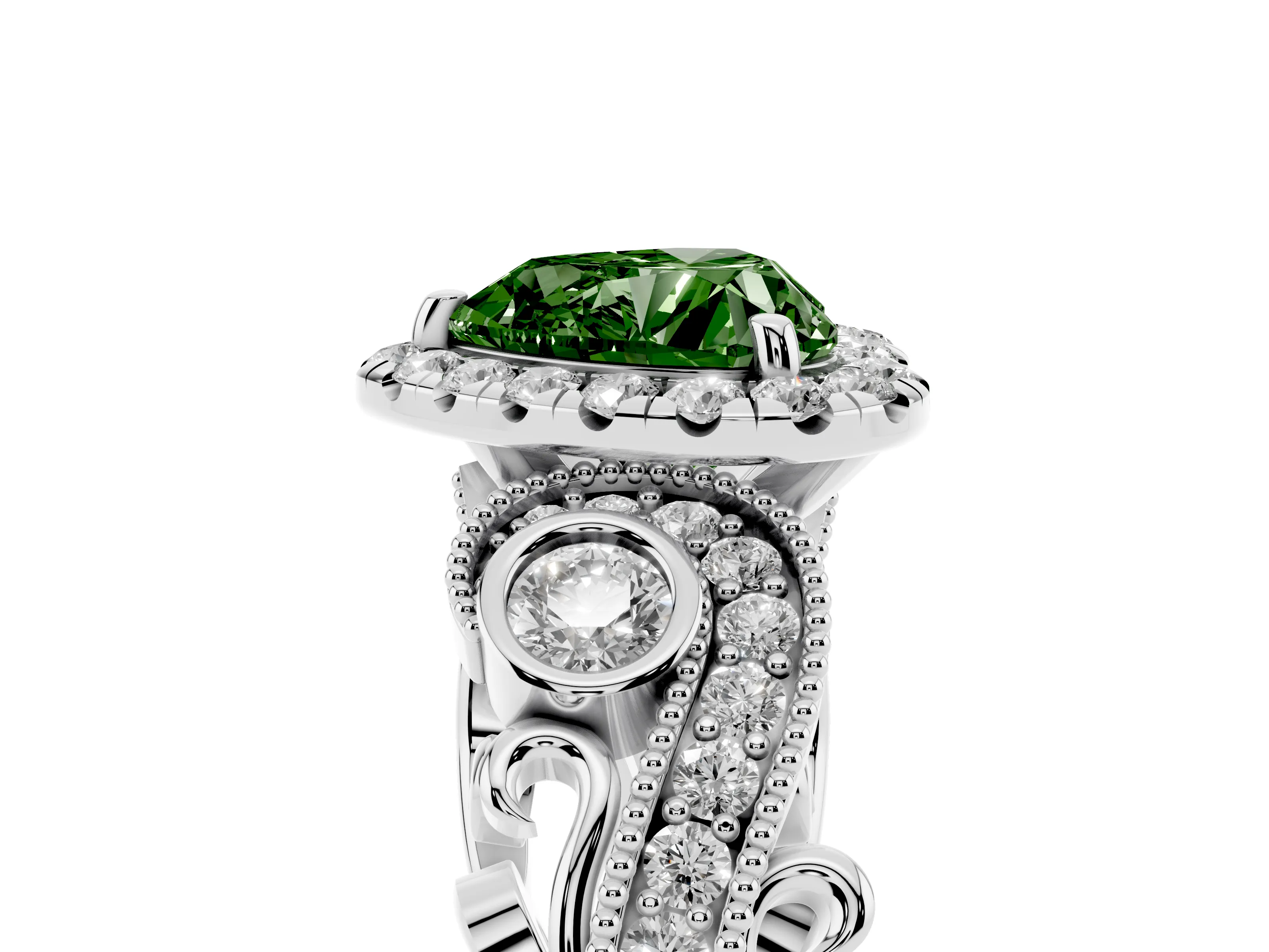 Fancy Green Heart Cut Diamond Halo Ring Set in White gold with Milgrain Pavé Band and Prong Setting