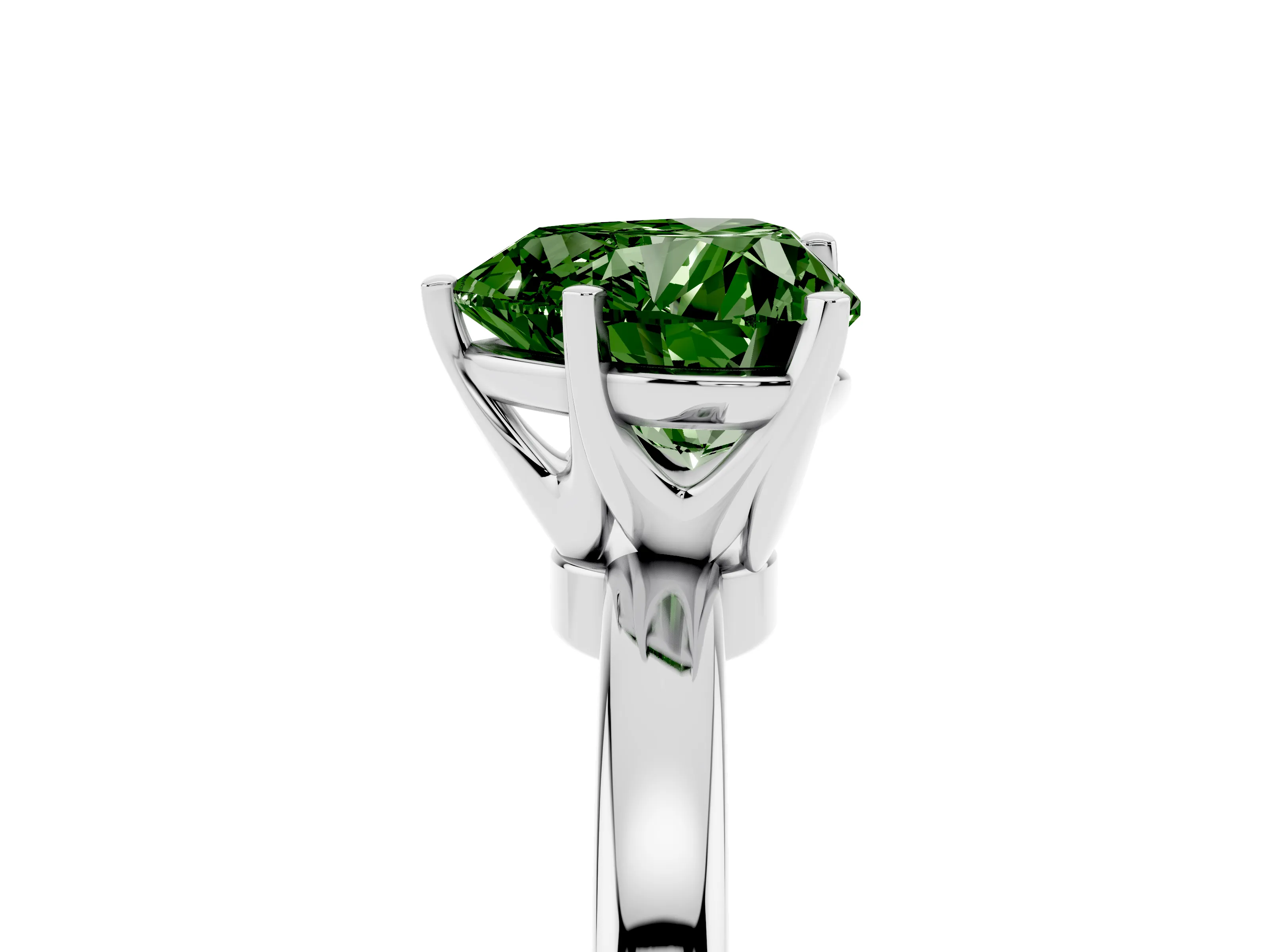 Fancy Green Heart Cut Diamond Solitaire Ring Set in White gold with Raised Prong Setting on a Classic Band