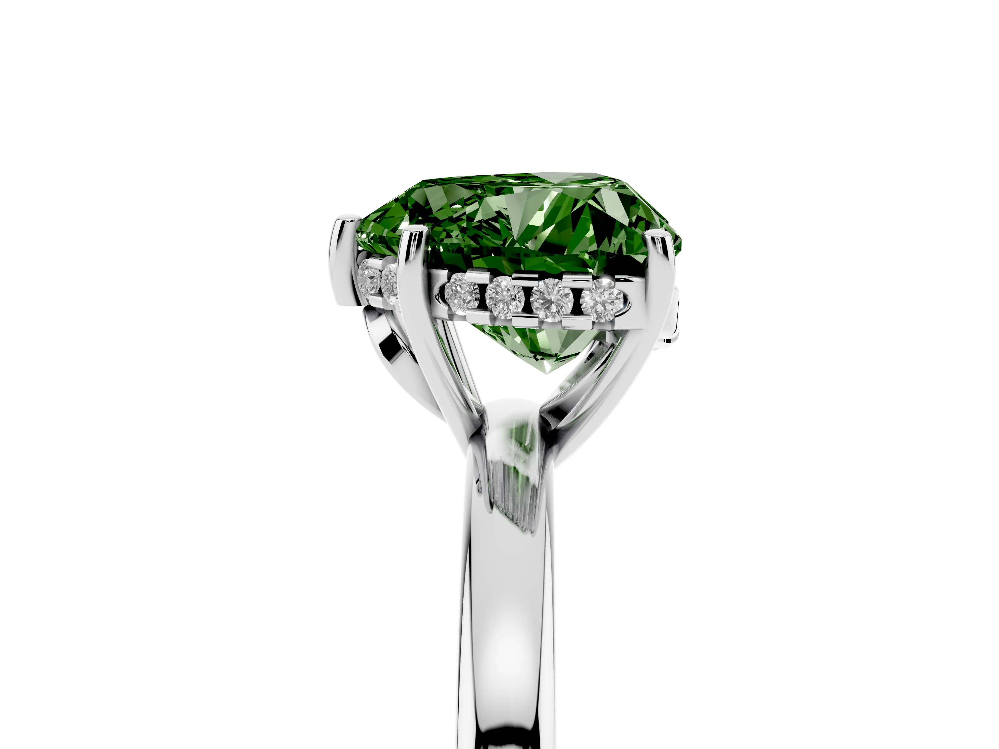 Fancy Green Heart Cut Diamond Solitaire Ring Set in White gold with Plain Band and Prong Setting