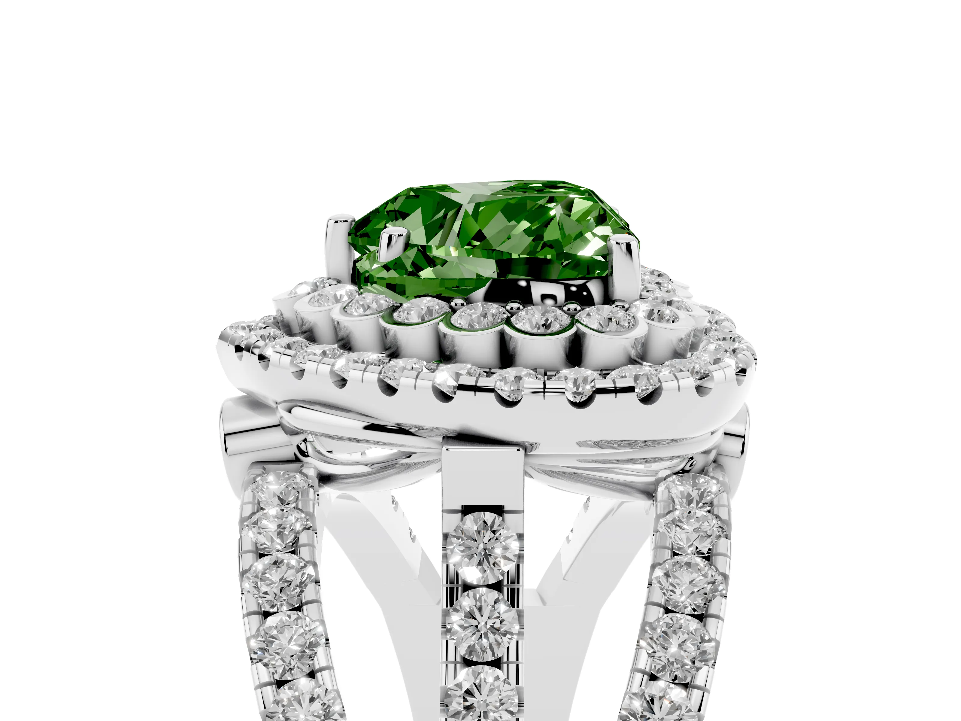 Fancy Green Heart Cut Diamond Double Halo Ring Set in White gold with Round Pavé Split Shank