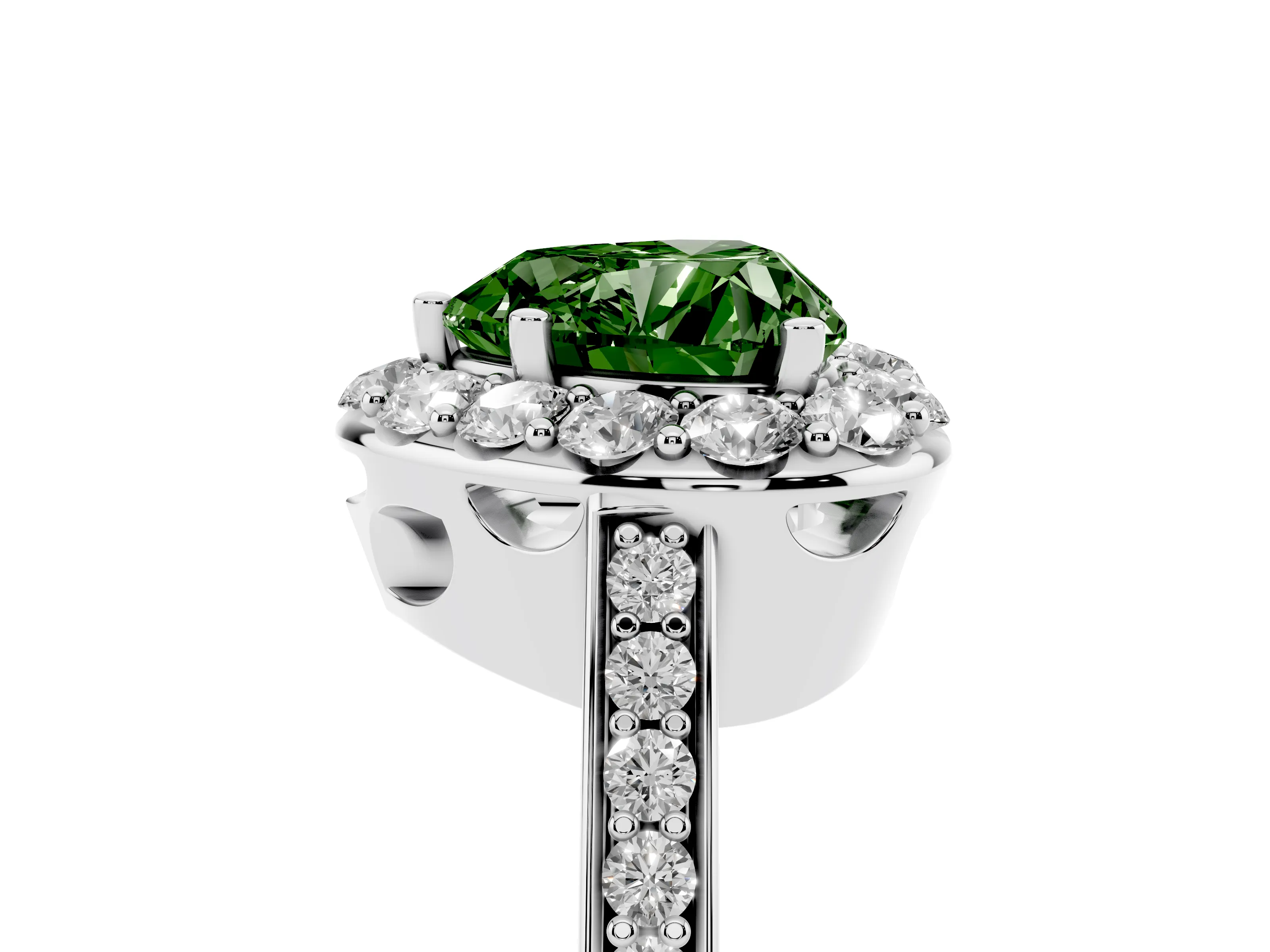 Fancy Green Heart Cut Diamond Floral Halo Ring Set in Platinum with Pavé Band and Prong Setting