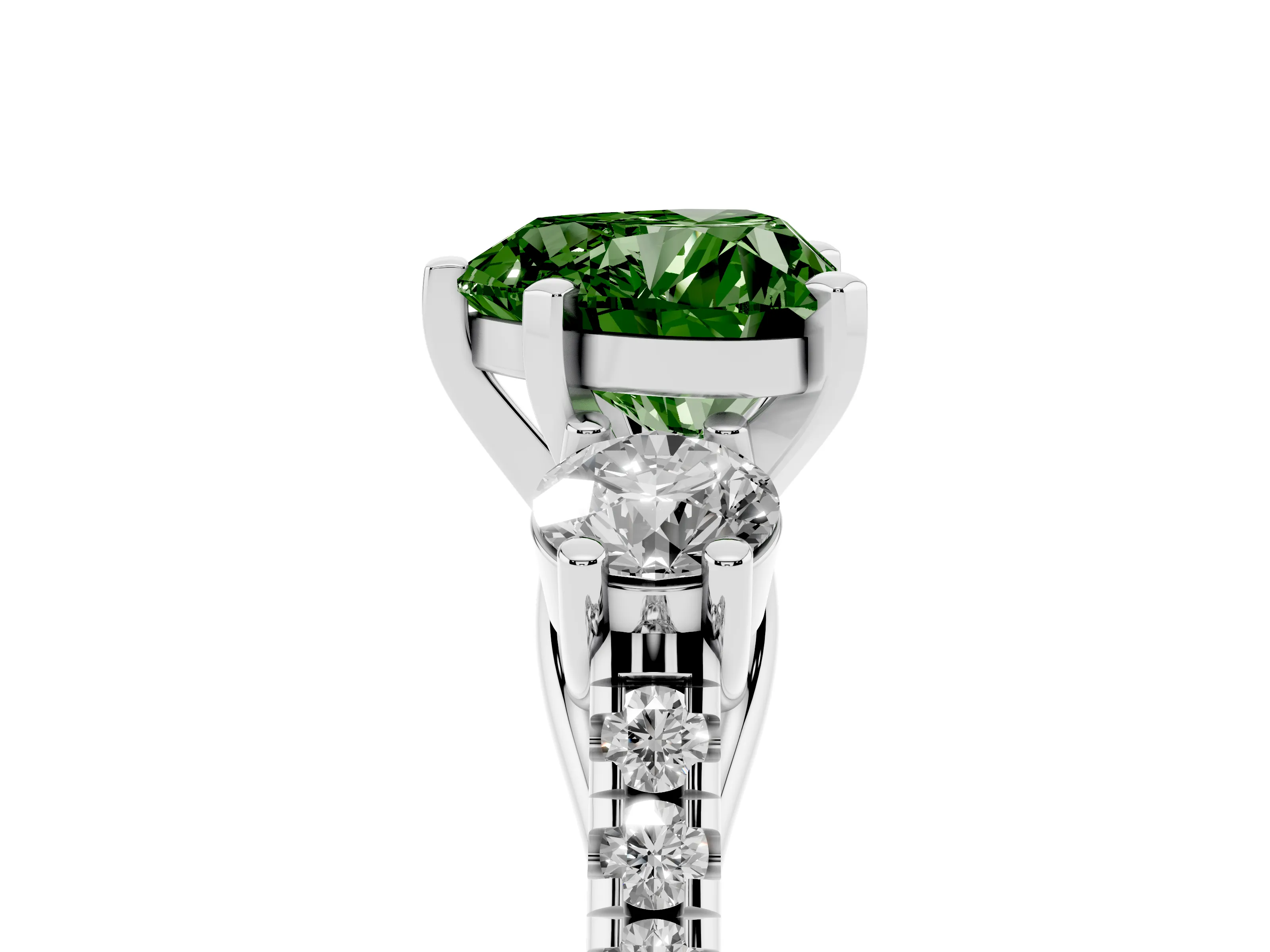 Fancy Green Three-Stone Heart Cut Diamond Pavé Band Ring Set in White gold with Prong-Set Trio