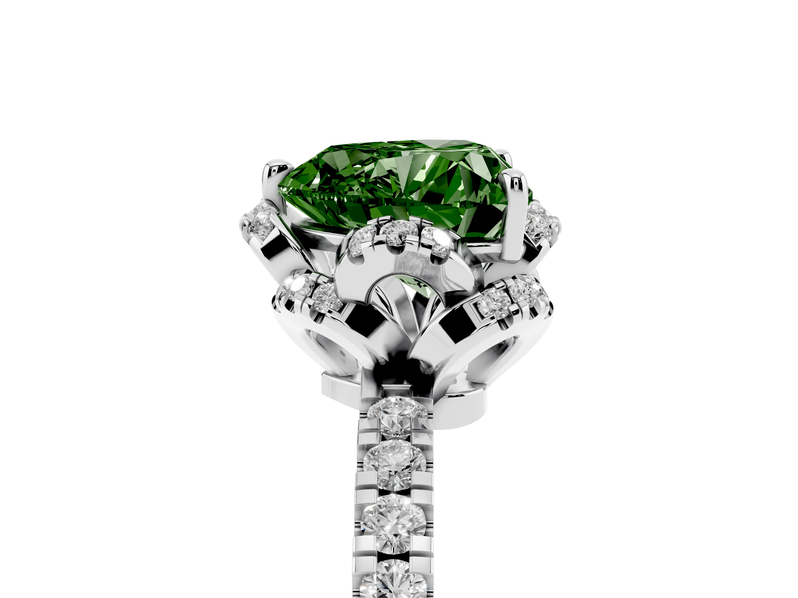 Fancy Green Heart Cut Diamond Halo Pavé Band Ring Set in White gold with Prong-Held Center