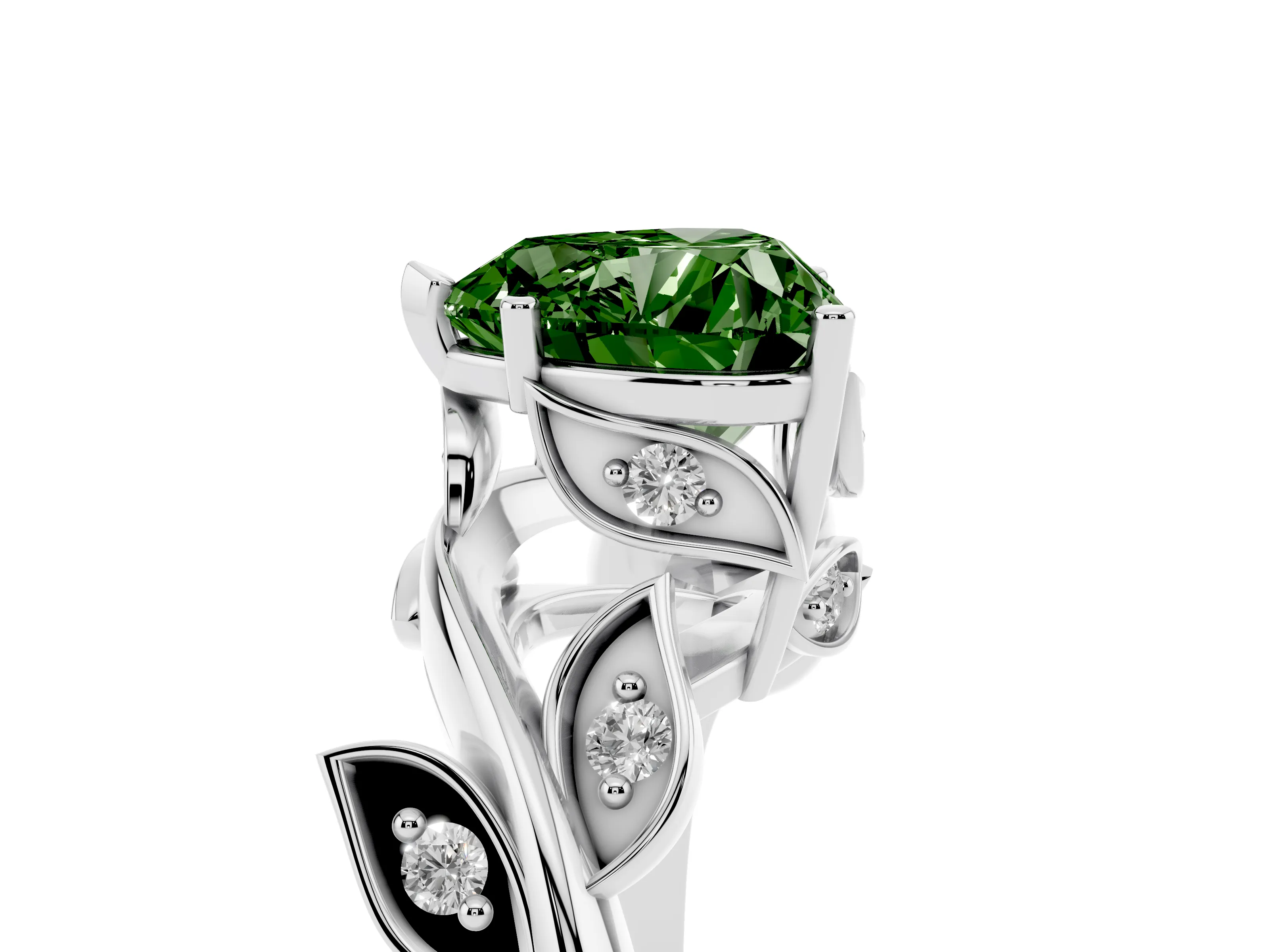 Fancy Green Heart Cut Diamond Solitaire Twist Engagement Ring Set in Silver with Pavé Leaf Accents