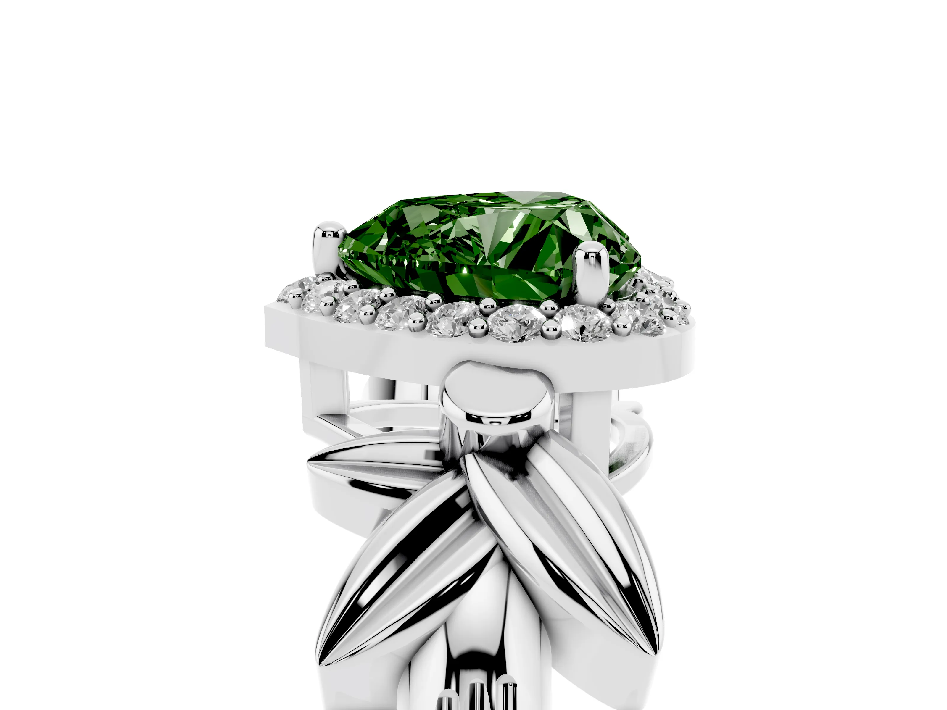 Fancy Green Heart Cut Diamond Halo Floral Band Ring Set in White gold with Prong Setting