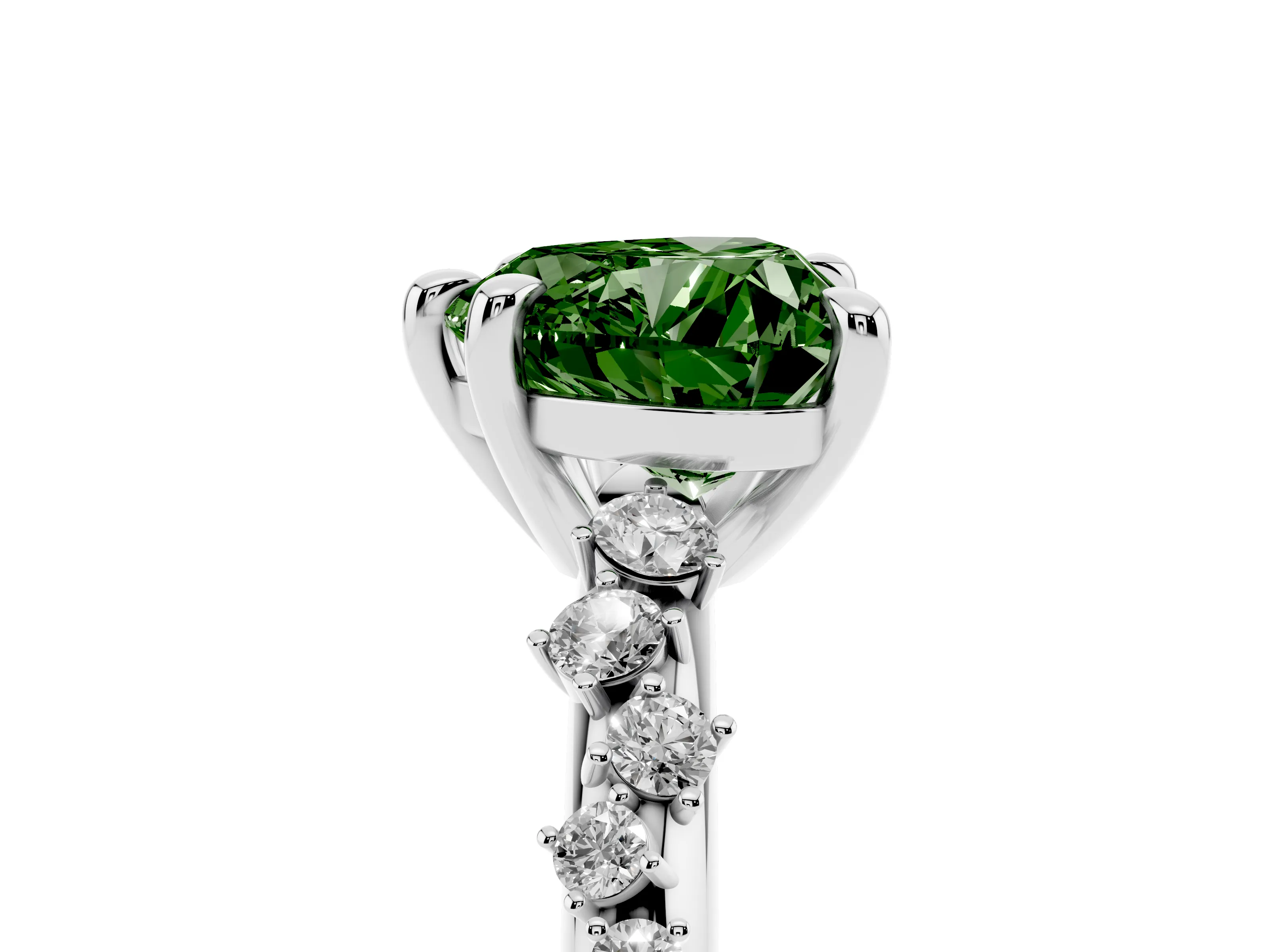 Fancy Green Heart Cut Diamond Solitaire Vine Band Ring Set in Silver with Round Accents and Prong Setting