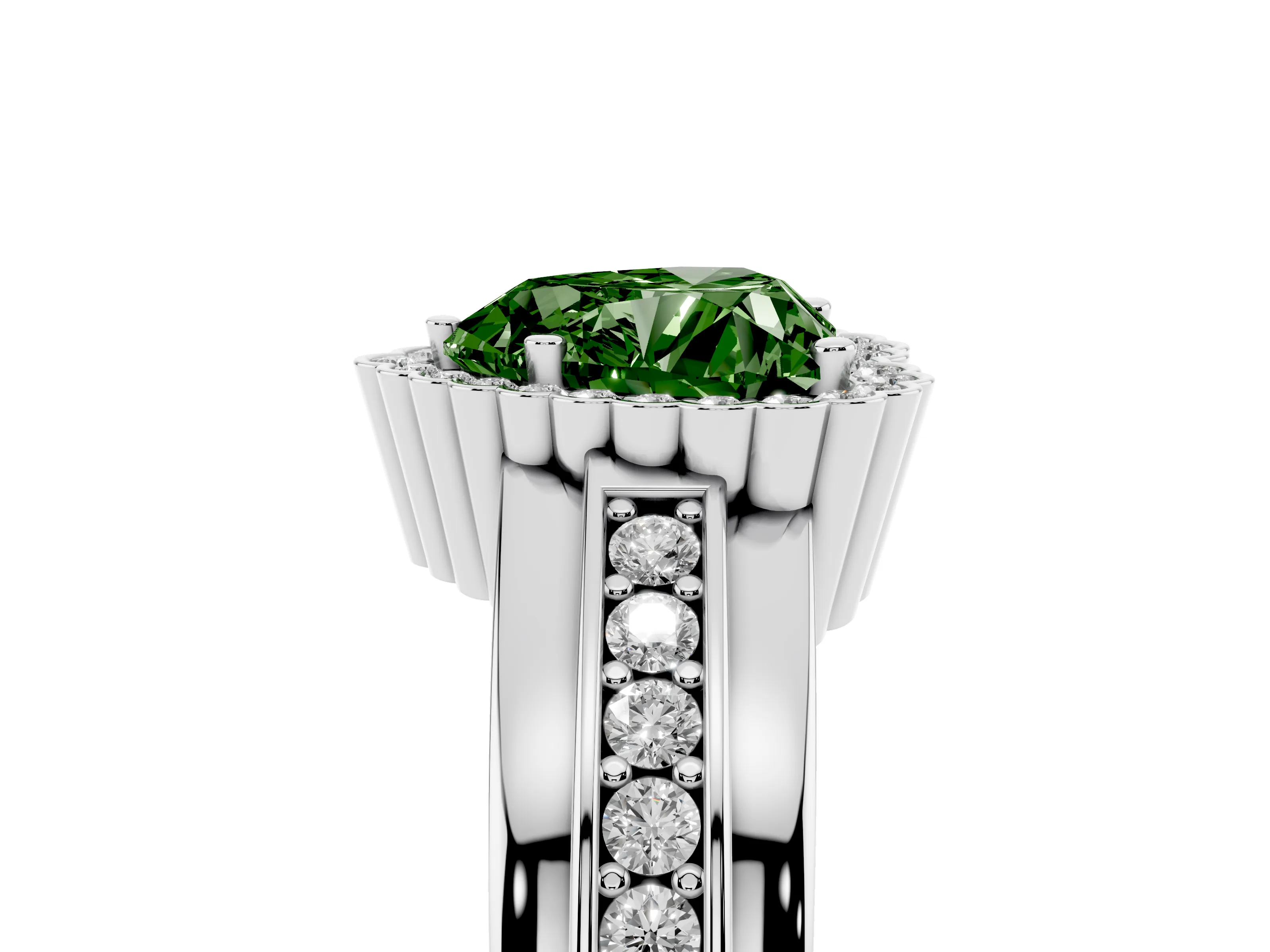 Fancy Green Heart Cut Diamond Halo Prong Ring Set in Platinum with Pavé Band
