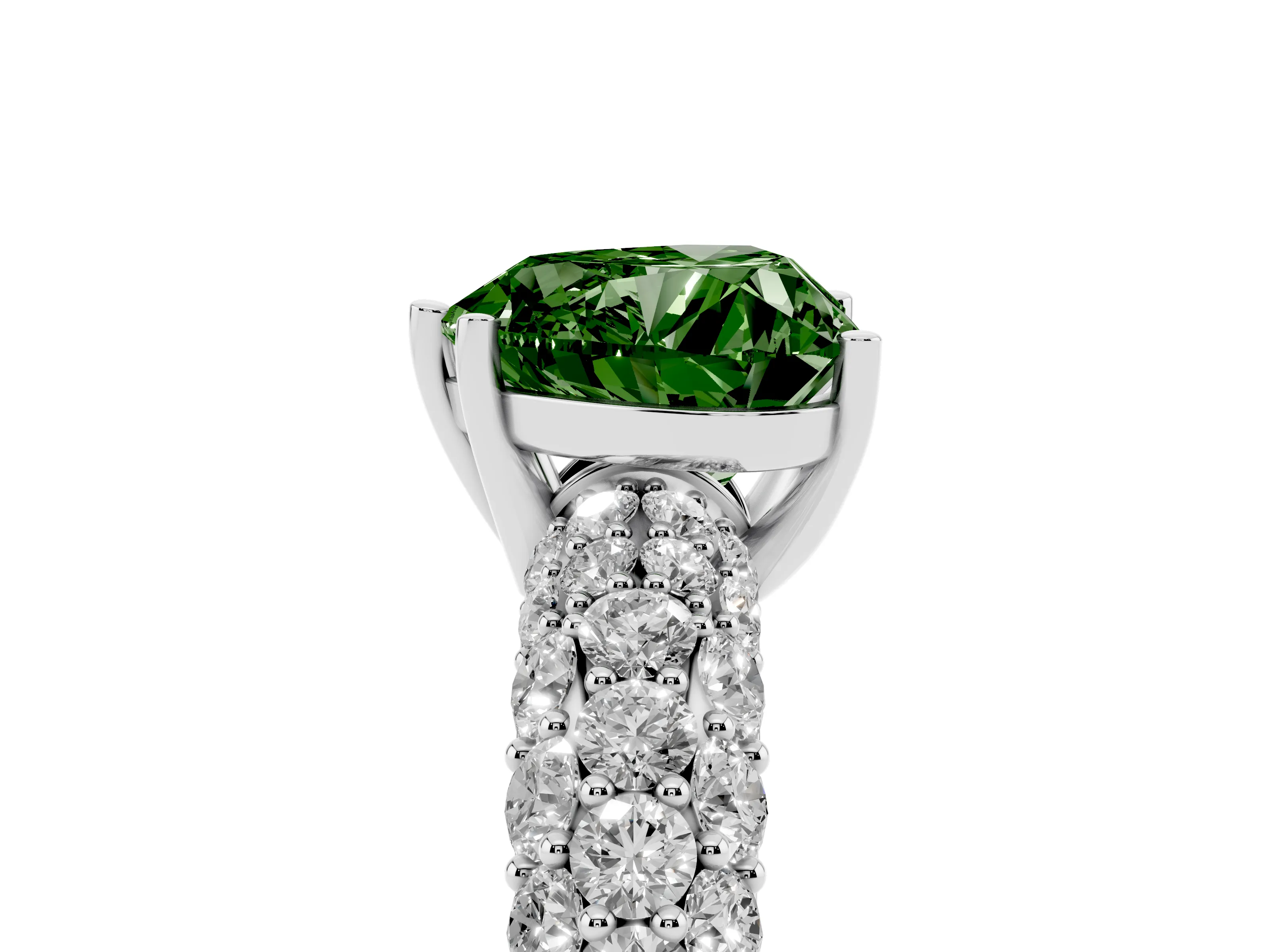 Fancy Green Heart Cut Diamond Pavé Band Solitaire Ring Set in White gold with Close-Set Accent Stones and Prong Setting