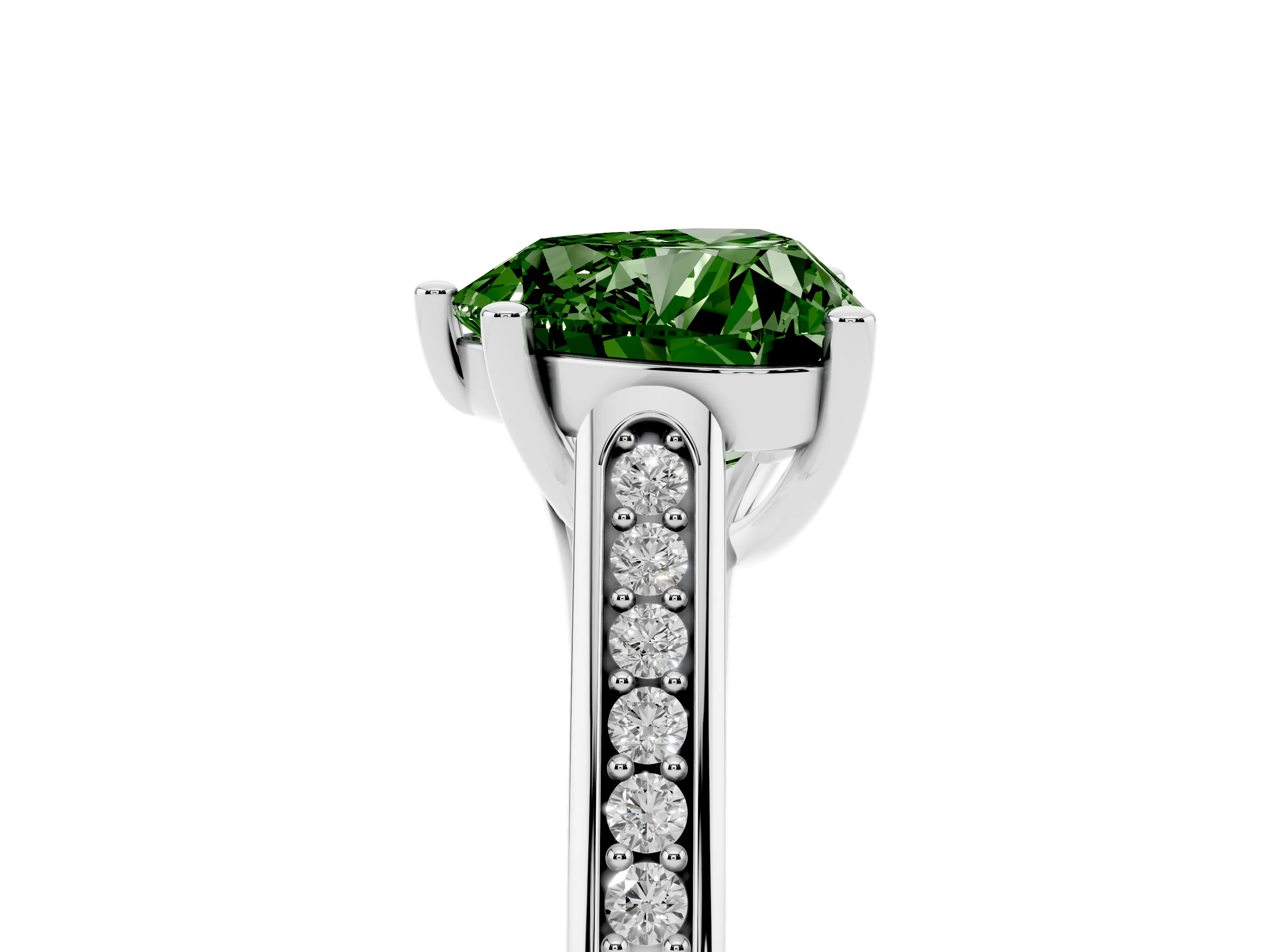 Fancy Green Heart Cut Diamond Solitaire Cathedral Engagement Ring Set in White gold with Channel-Set Band and Prong Setting