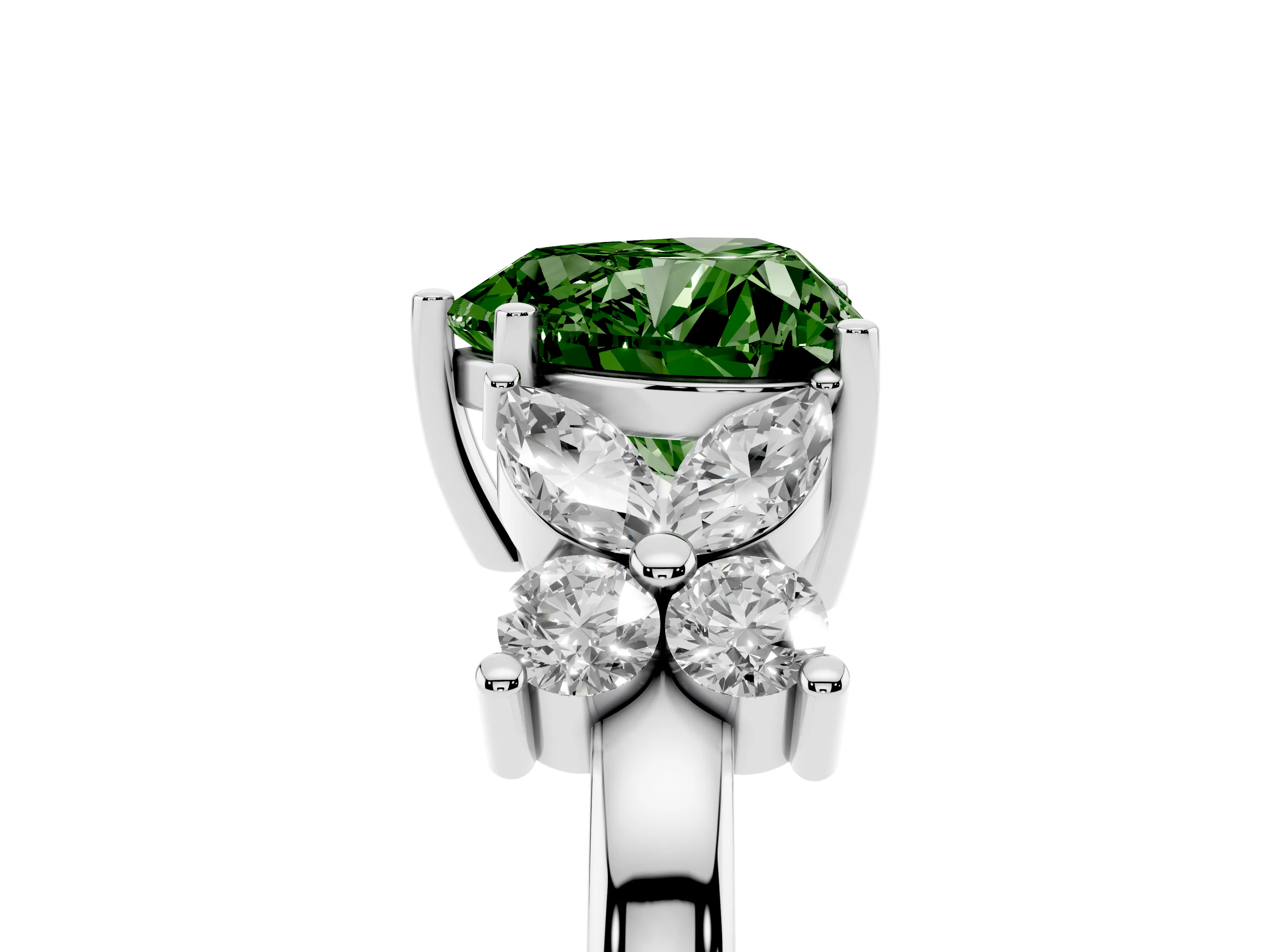Fancy Green Heart Cut Diamond Floral Cluster Ring Set in Platinum with Marquise Petals and Prong Setting