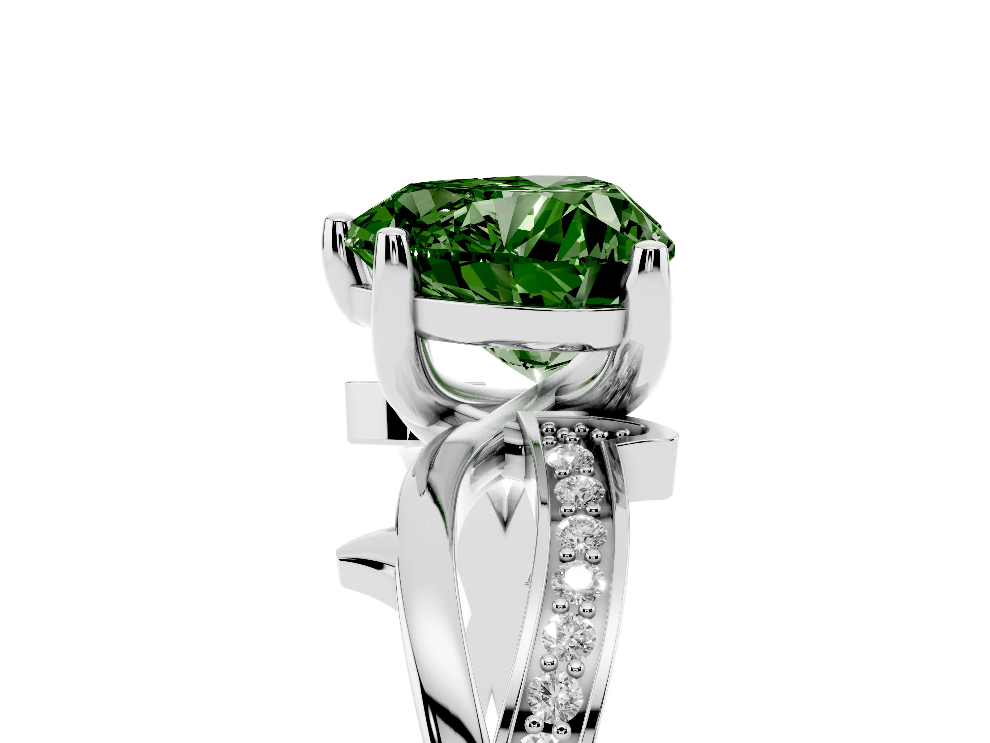 Fancy Green Heart Cut Diamond Pavé Twist Band Solitaire Ring Set in Silver with Prong Setting