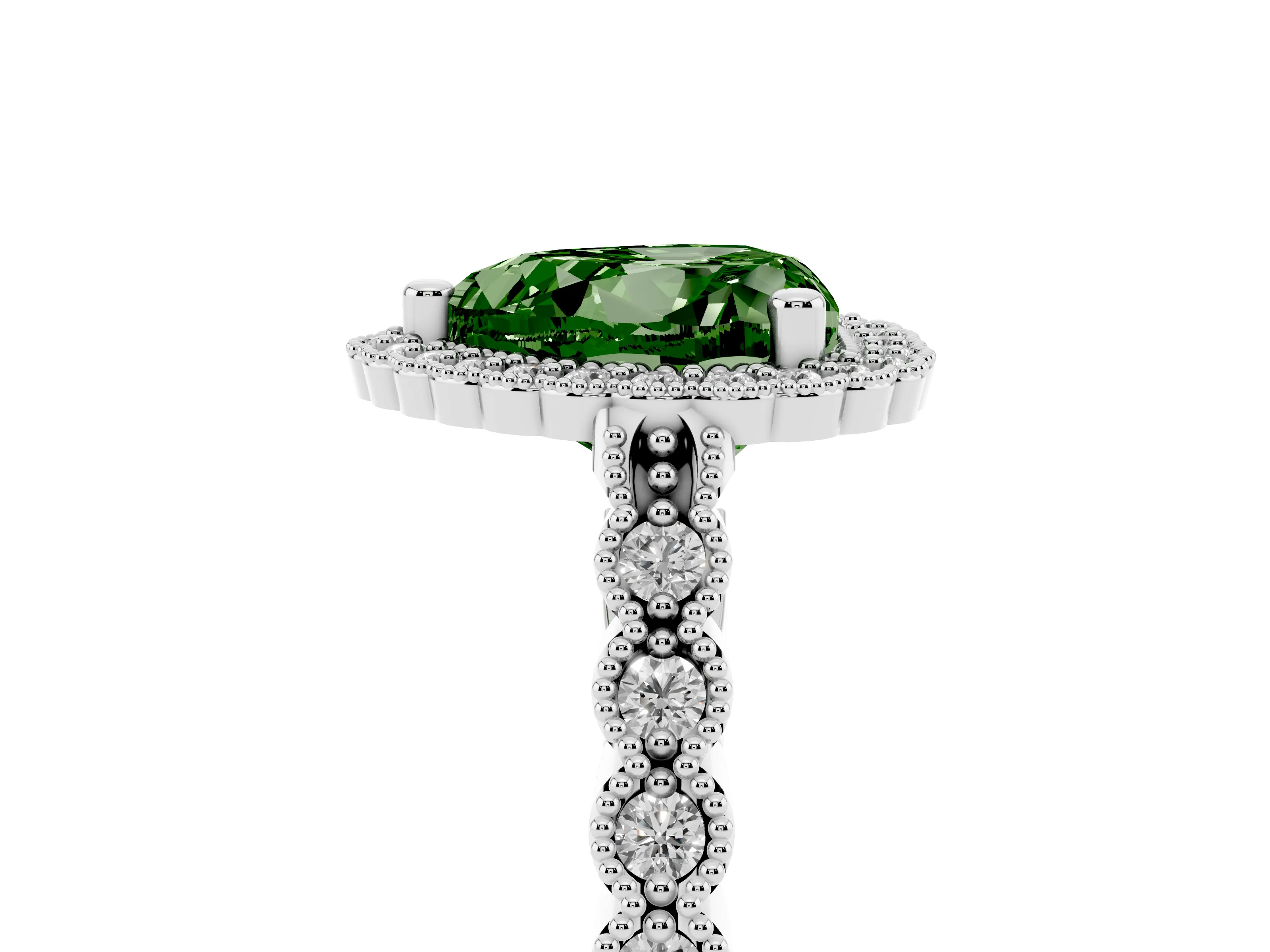 Fancy Green Heart Cut Diamond Halo Ring Set in Silver with Pavé Milgrain Band