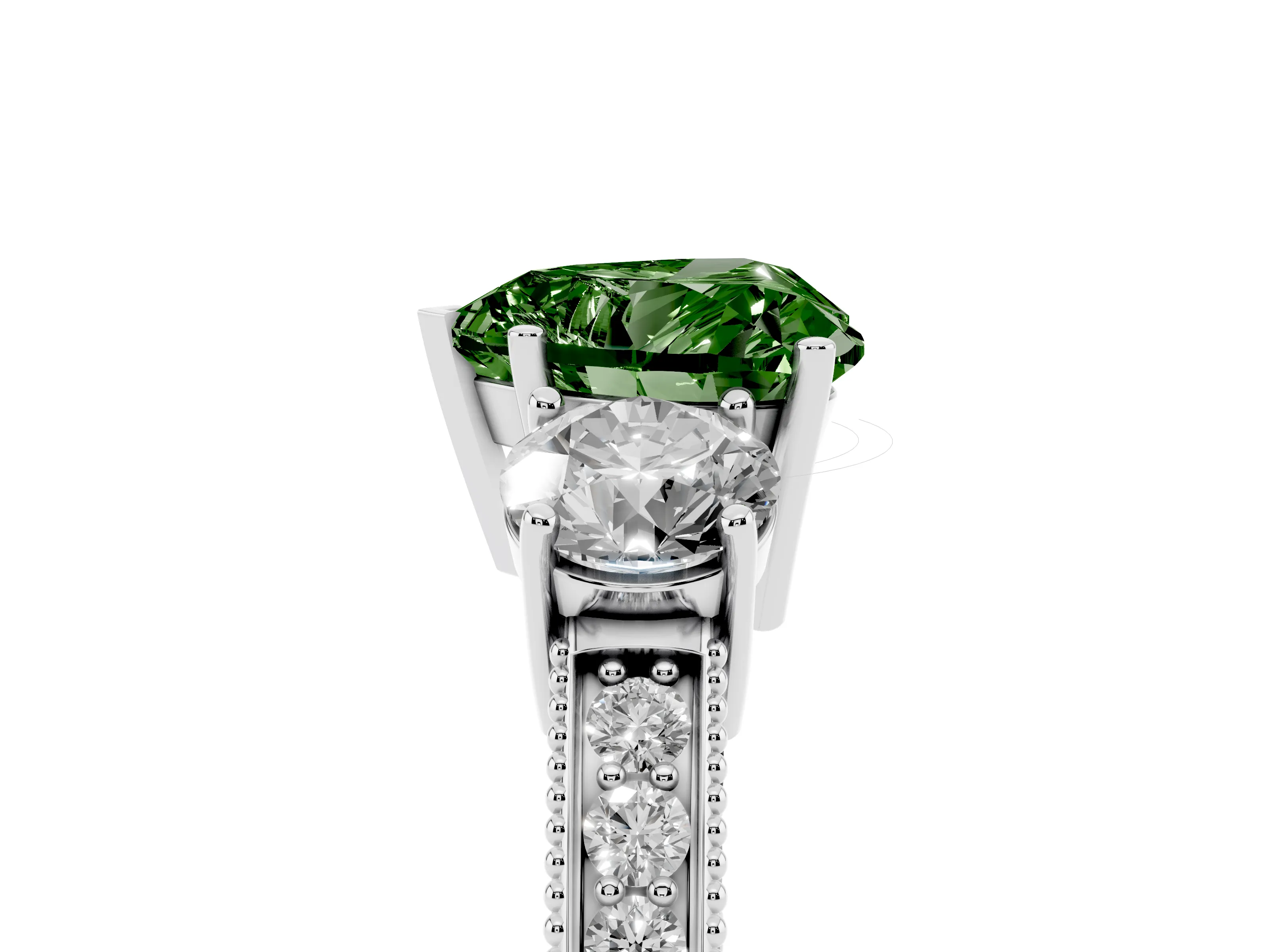 Fancy Green Heart Cut Diamond Three-Stone Ring Set in White gold with Round Side Stones and Pavé Band