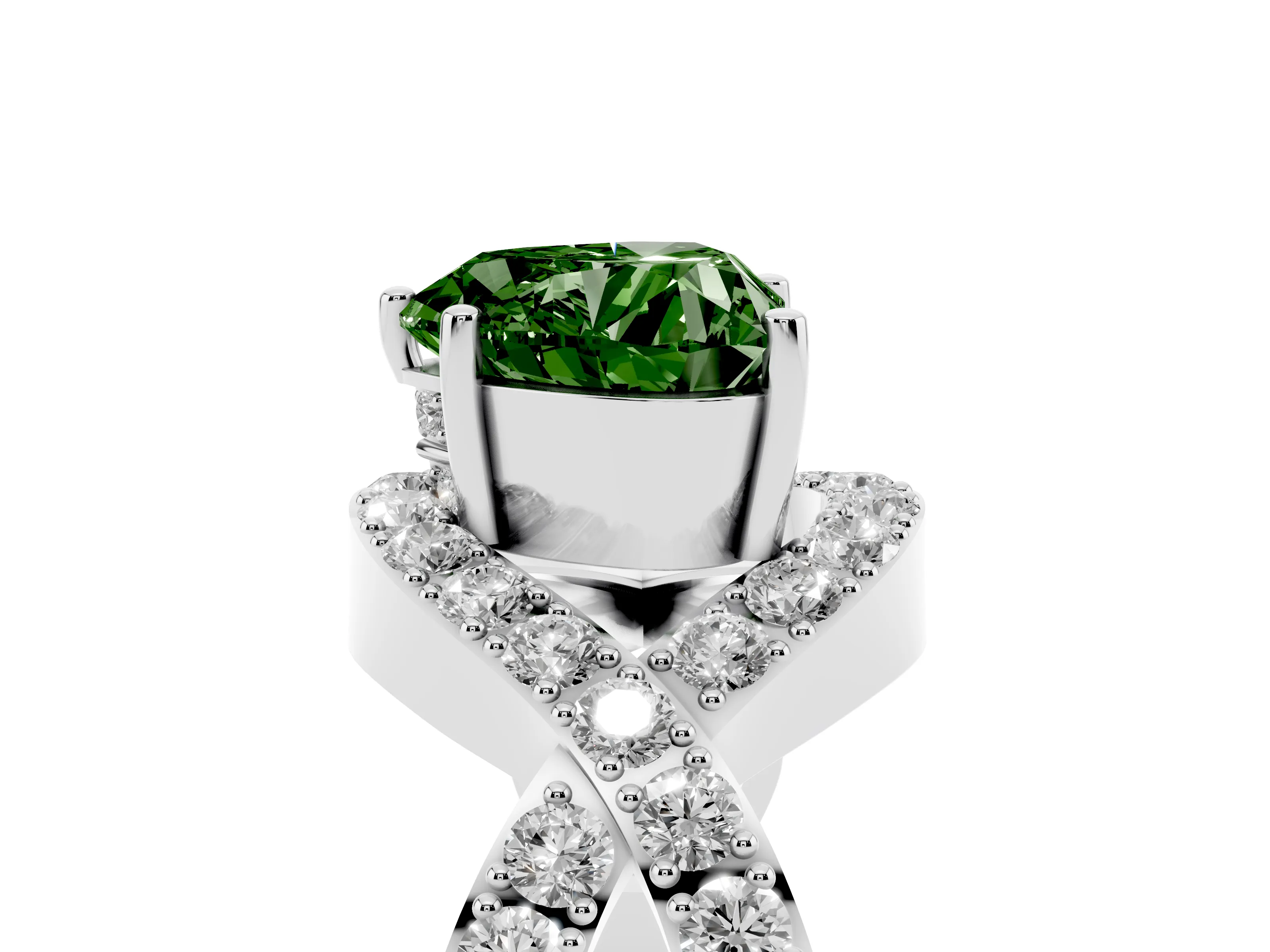 Fancy Green Heart Cut Diamond Solitaire Twist Band Pavé Engagement Ring Set in Silver