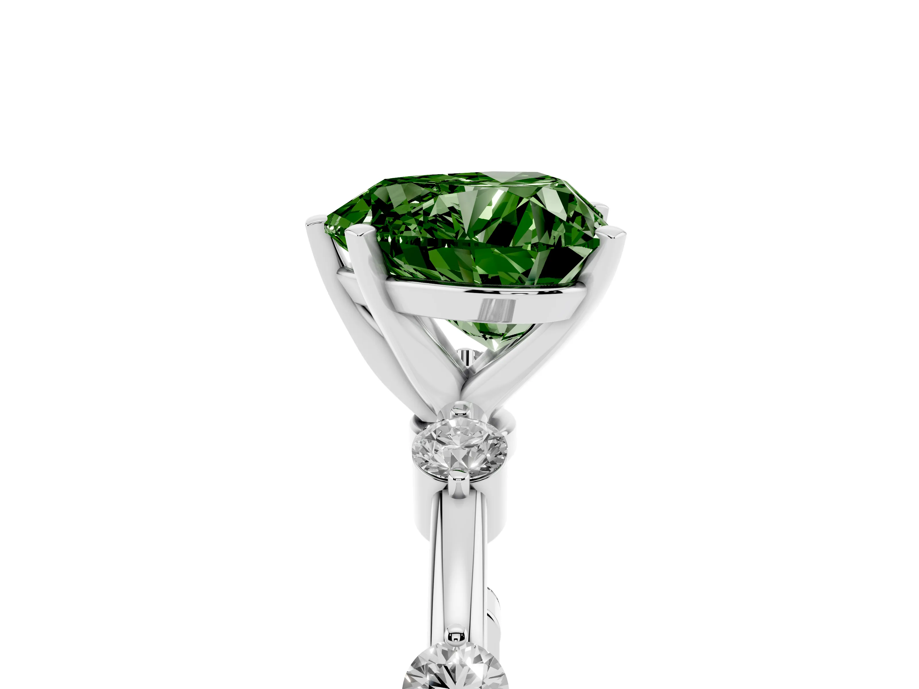 Fancy Green Heart Cut Diamond Solitaire Ring Set in Silver with Bezel Set Side Stones and Prong Setting