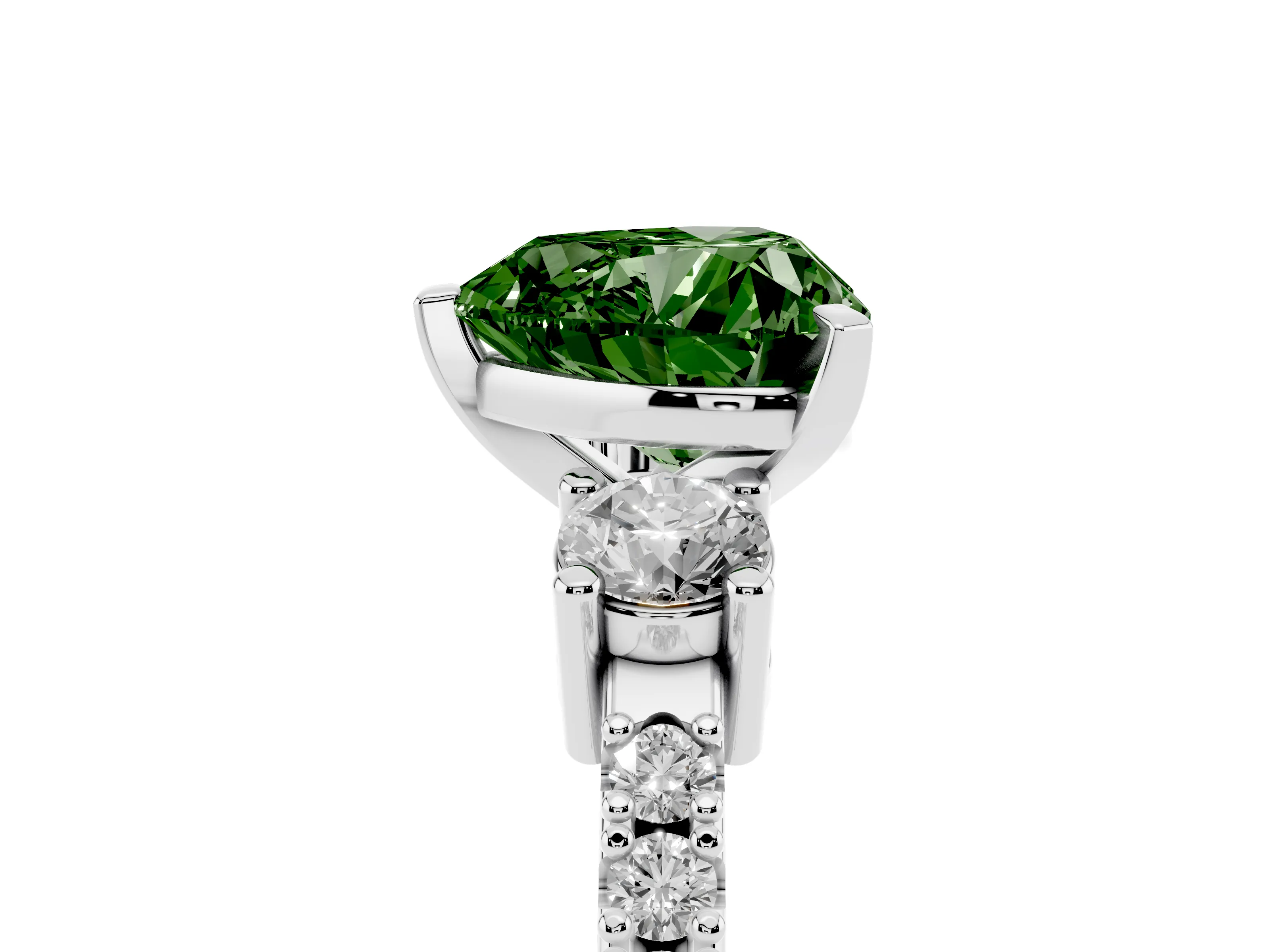 Fancy Green Three-Stone Heart Cut Diamond Pavé Band Ring Set in White gold with Prong Setting