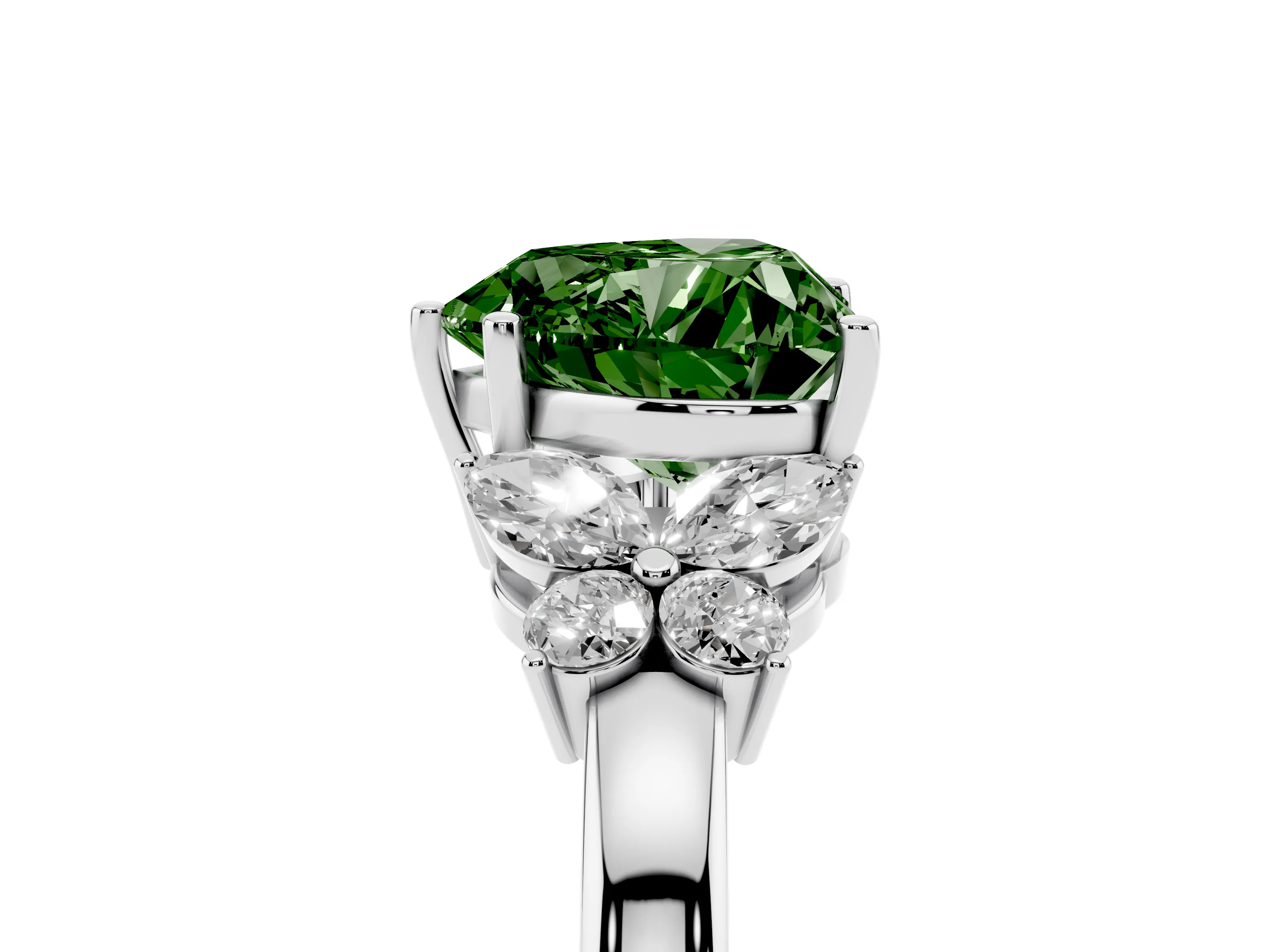 Fancy Green Heart Cut Diamond Solitaire Floral Ring Set in Platinum with Marquise Petals and Prong Setting