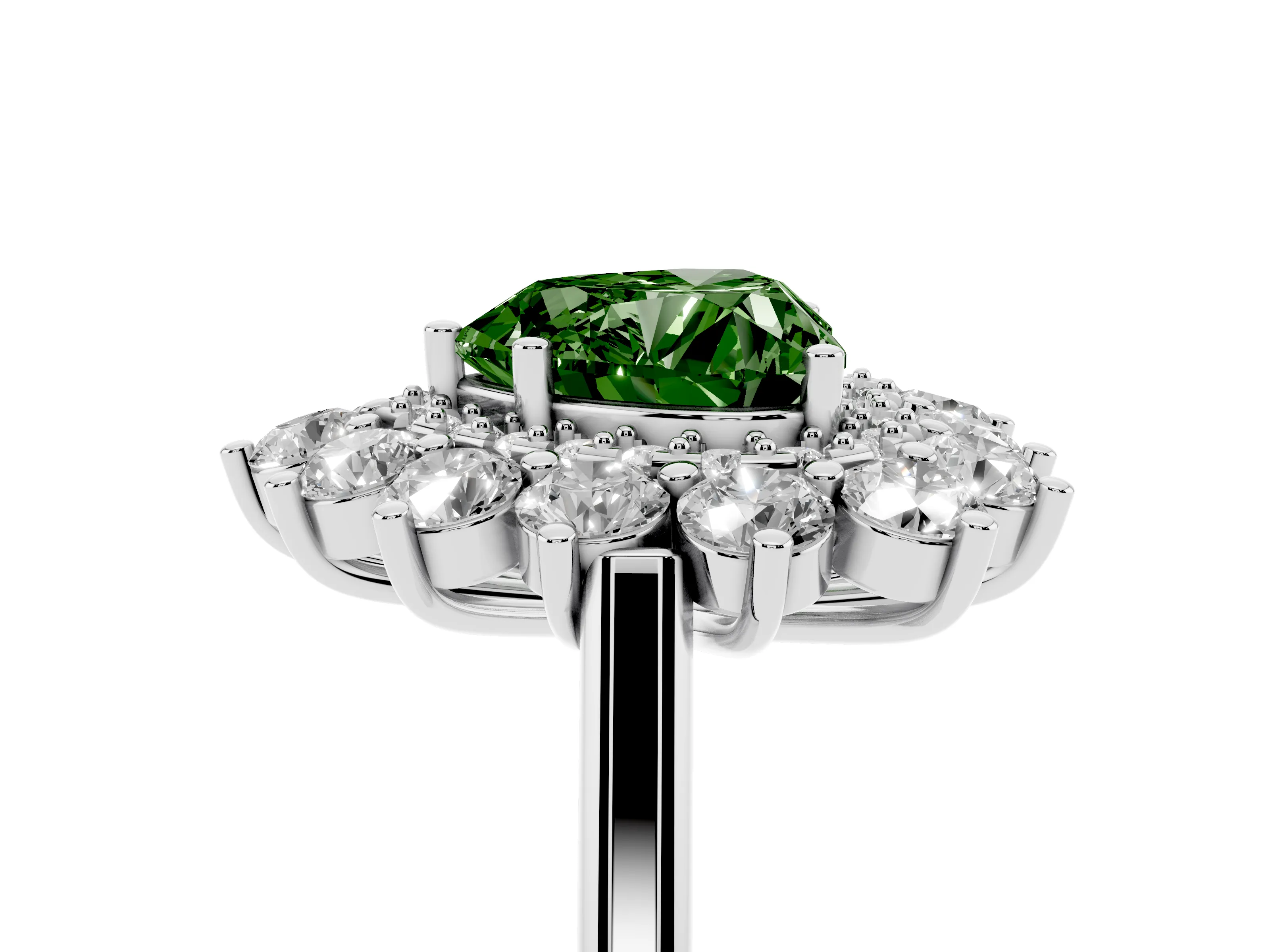 Fancy Green Heart Cut Diamond Floral Double Halo Ring Set in Silver with Round Petals